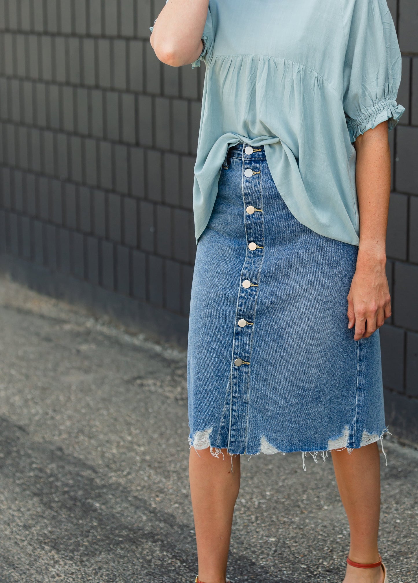 Avri Button Up Distressed Midi Jean Skirt - FINAL SALE Skirts