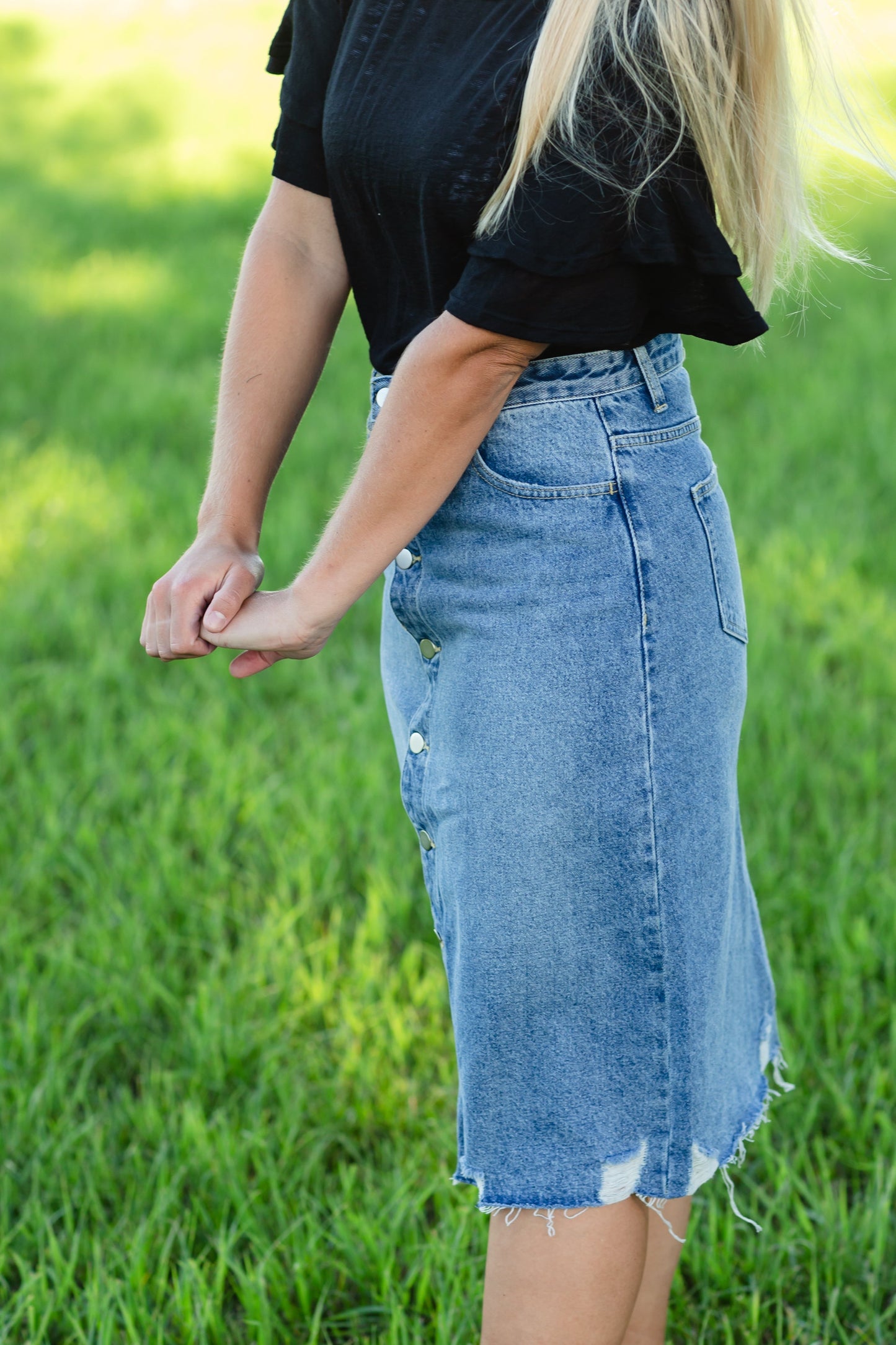 Avri Button Up Distressed Midi Jean Skirt - FINAL SALE Skirts