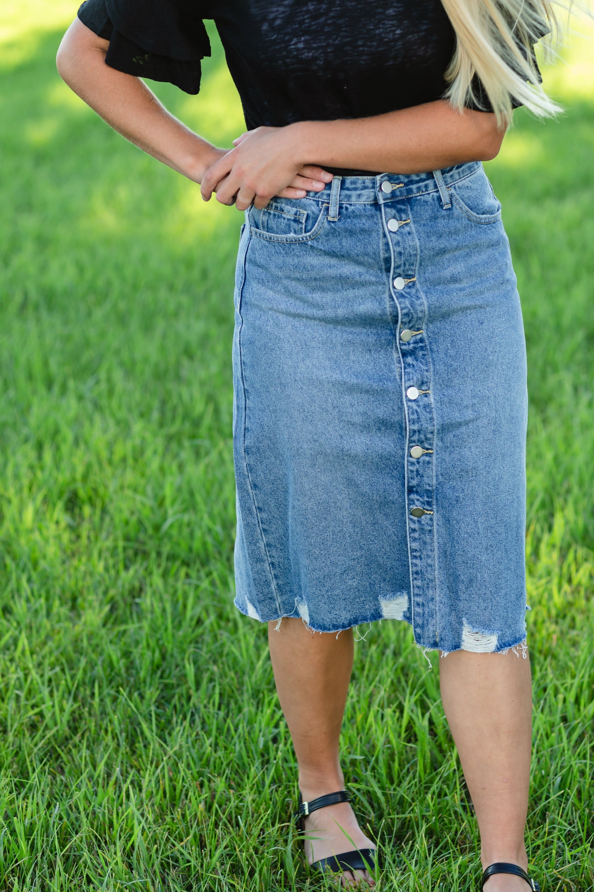 Avri Button Up Distressed Midi Jean Skirt - FINAL SALE Skirts