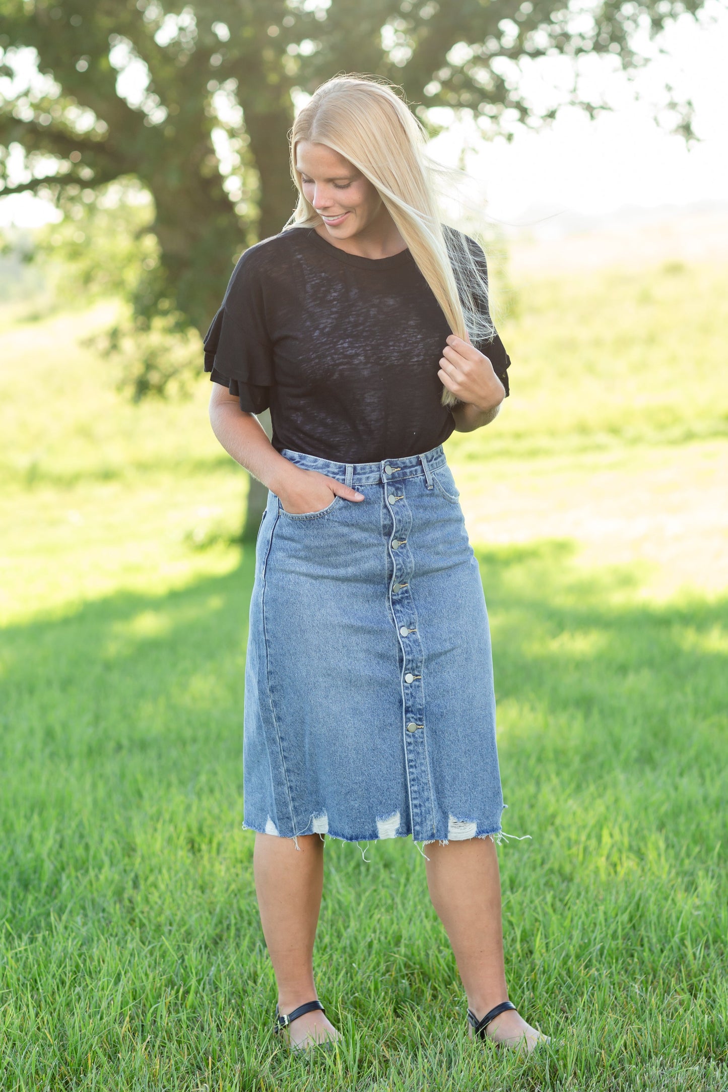 Avri Button Up Distressed Midi Jean Skirt - FINAL SALE Skirts