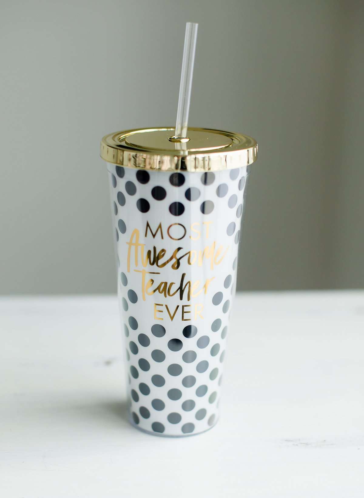 Black and white polka dot most awesome teacher ever water tumbler with gold lid