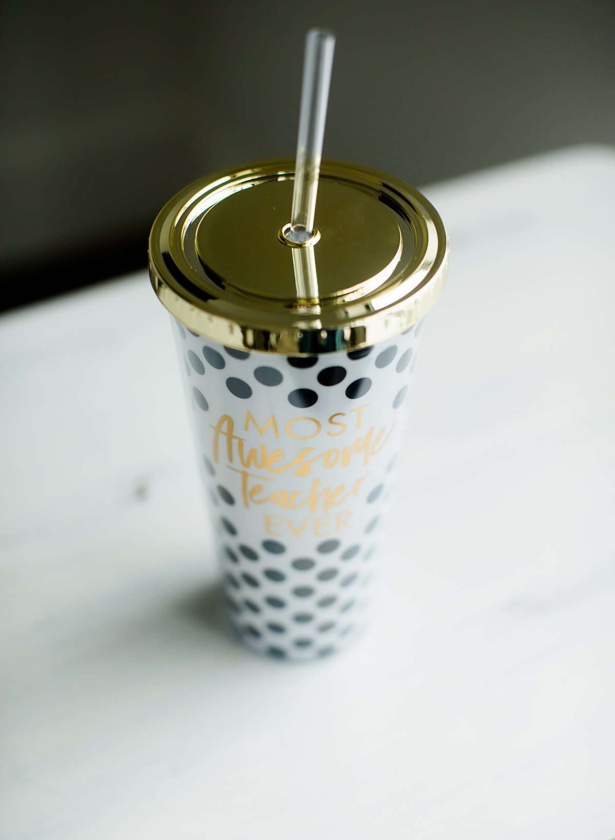 Black and white polka dot most awesome teacher ever water tumbler with gold lid