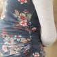 Maternity gathered sides on this navy floral top with light grey 3/4 length sleeves.