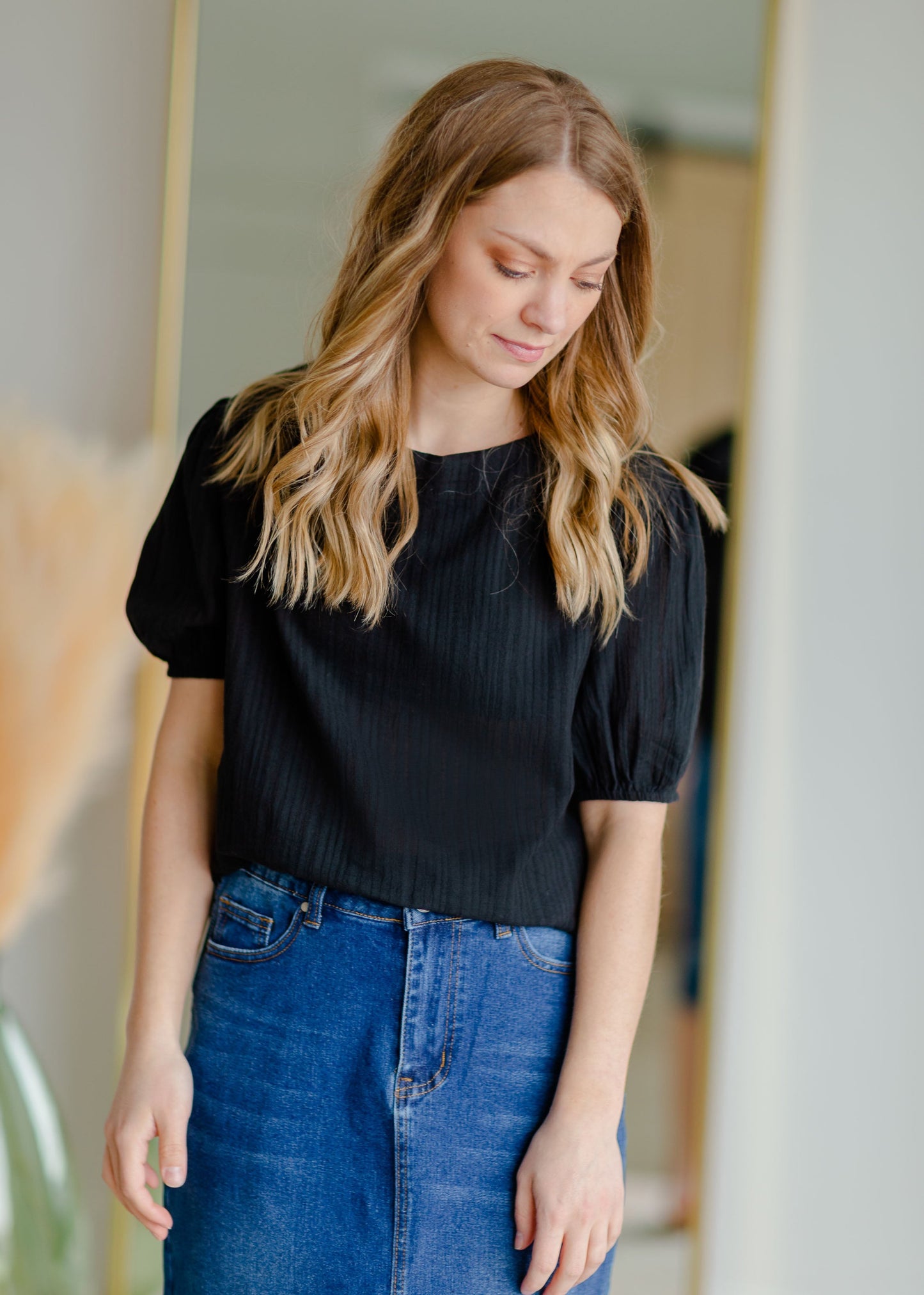 Back Tie Puff Sleeve Blouse Shirt Grade & Gather Black / S