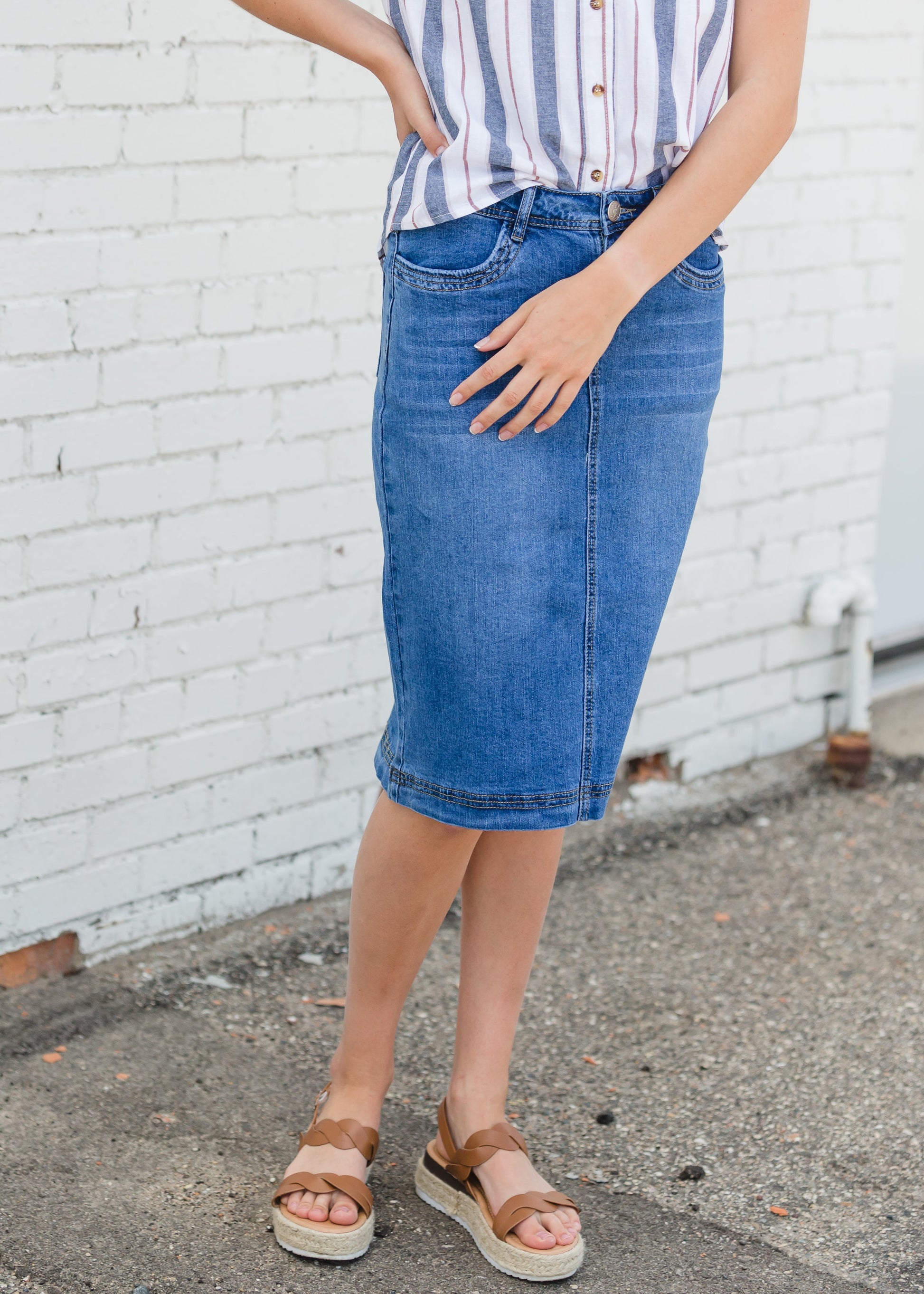 Bailee Triple Stitch Midi Denim Jean Skirt - FINAL SALE Skirts