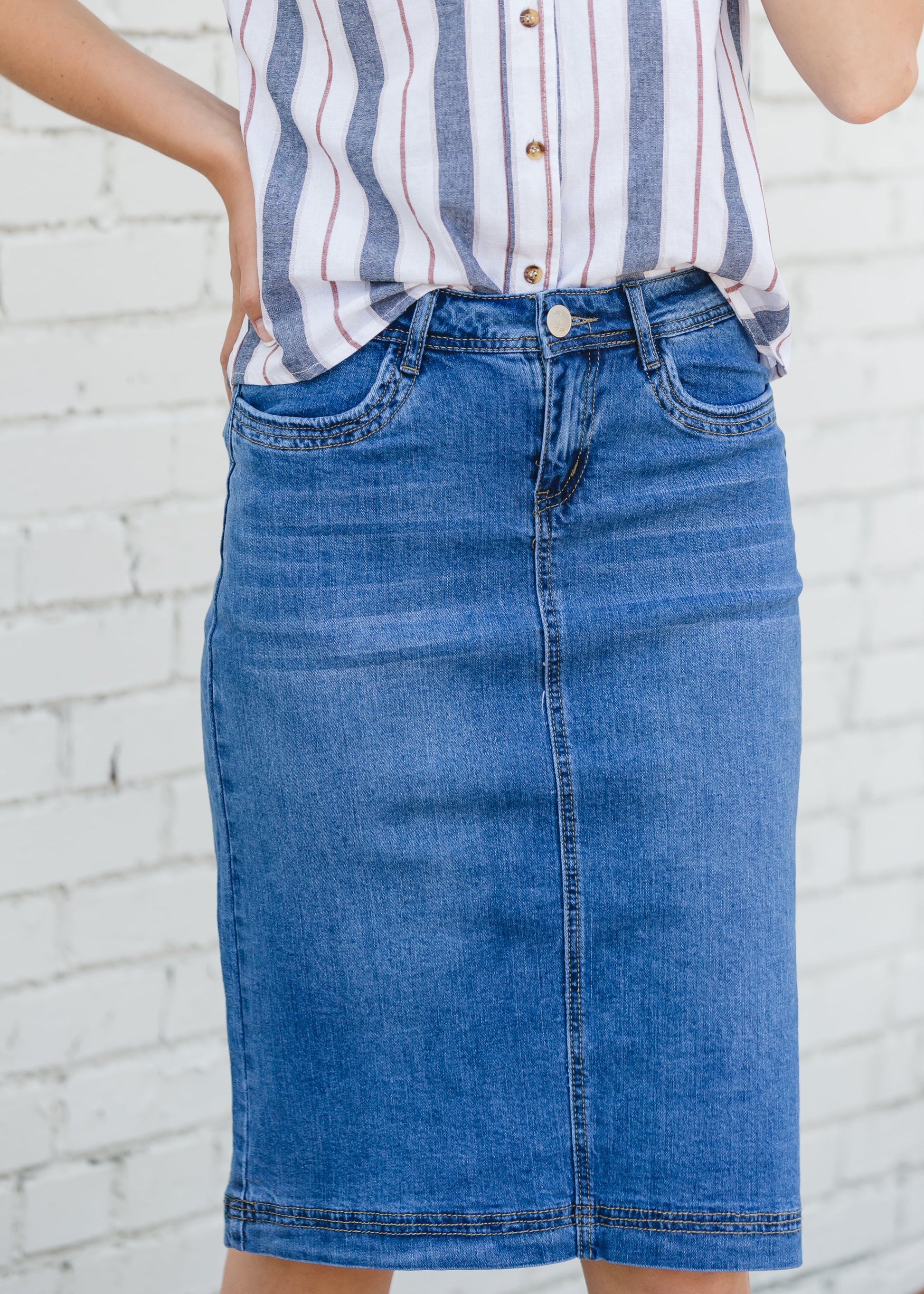 Bailee Triple Stitch Midi Denim Jean Skirt - FINAL SALE Skirts