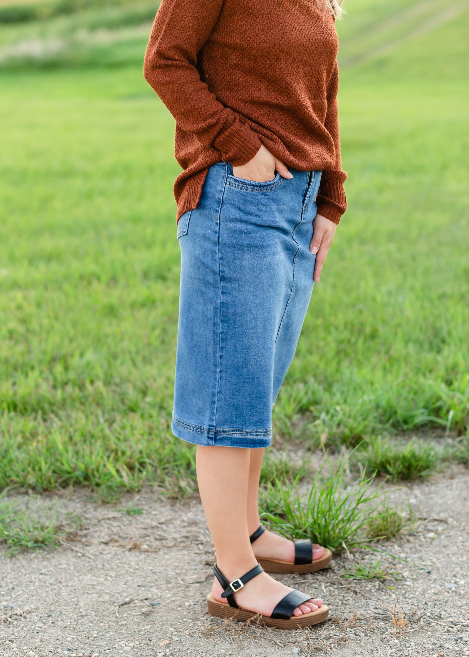Bailee Triple Stitch Midi Denim Jean Skirt - FINAL SALE Skirts