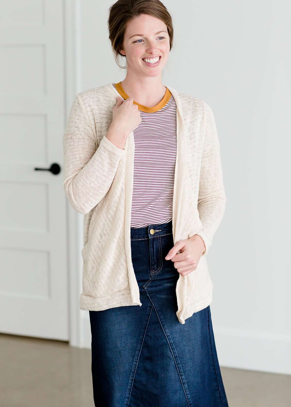 Burgandy, cream and mustard short sleeve striped tee