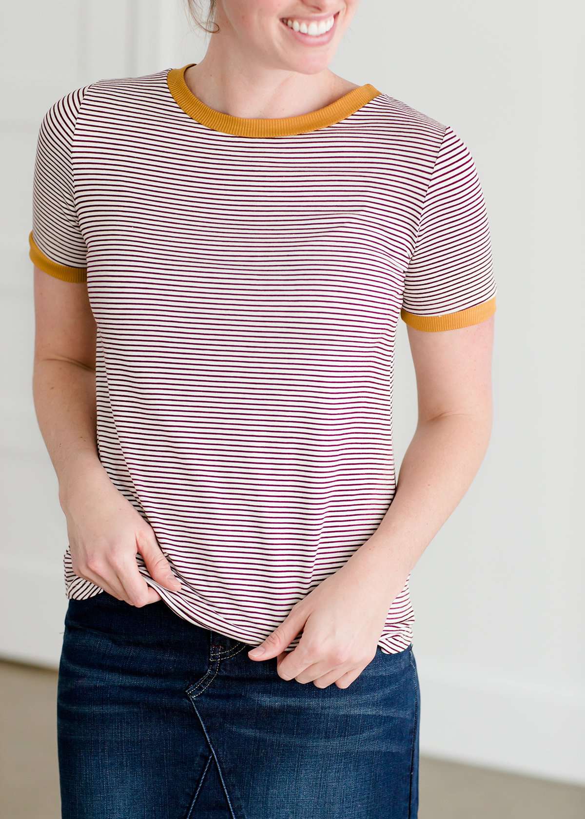 Burgandy, cream and mustard short sleeve striped tee