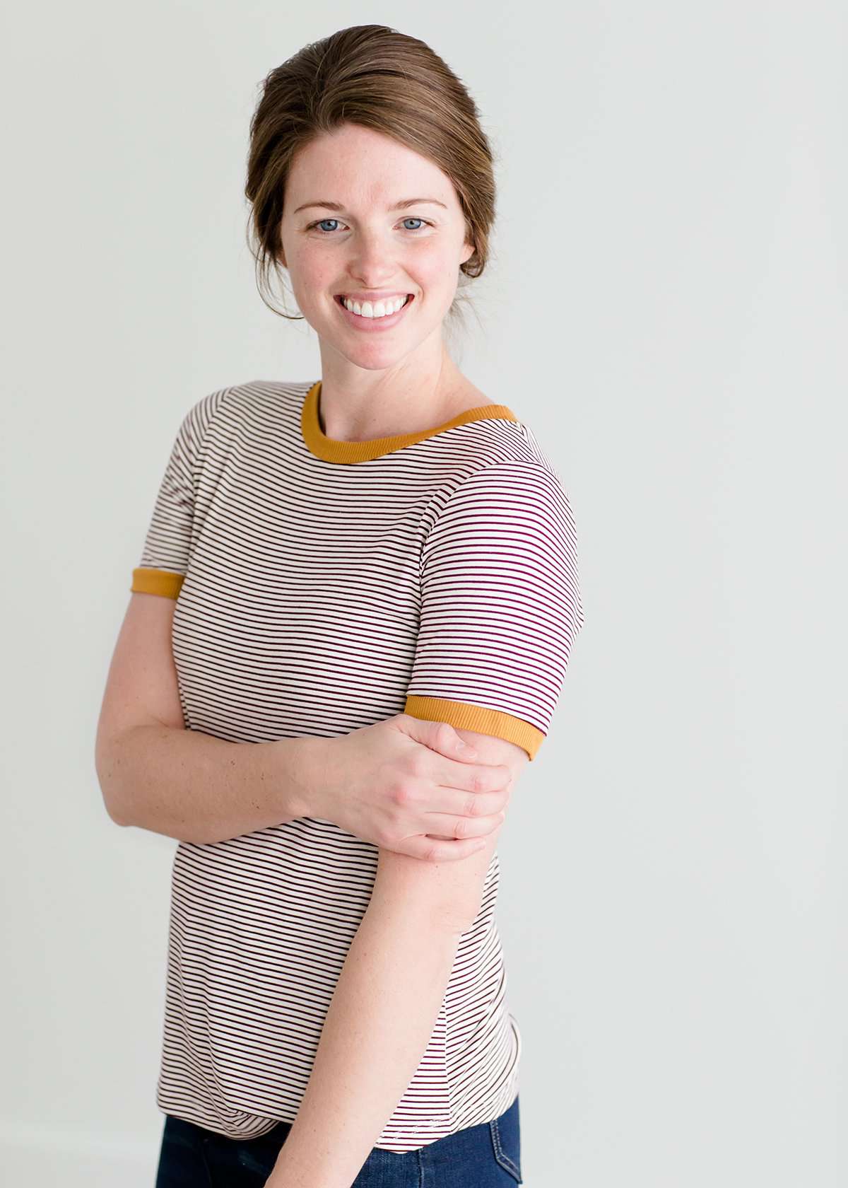 Burgandy, cream and mustard short sleeve striped tee