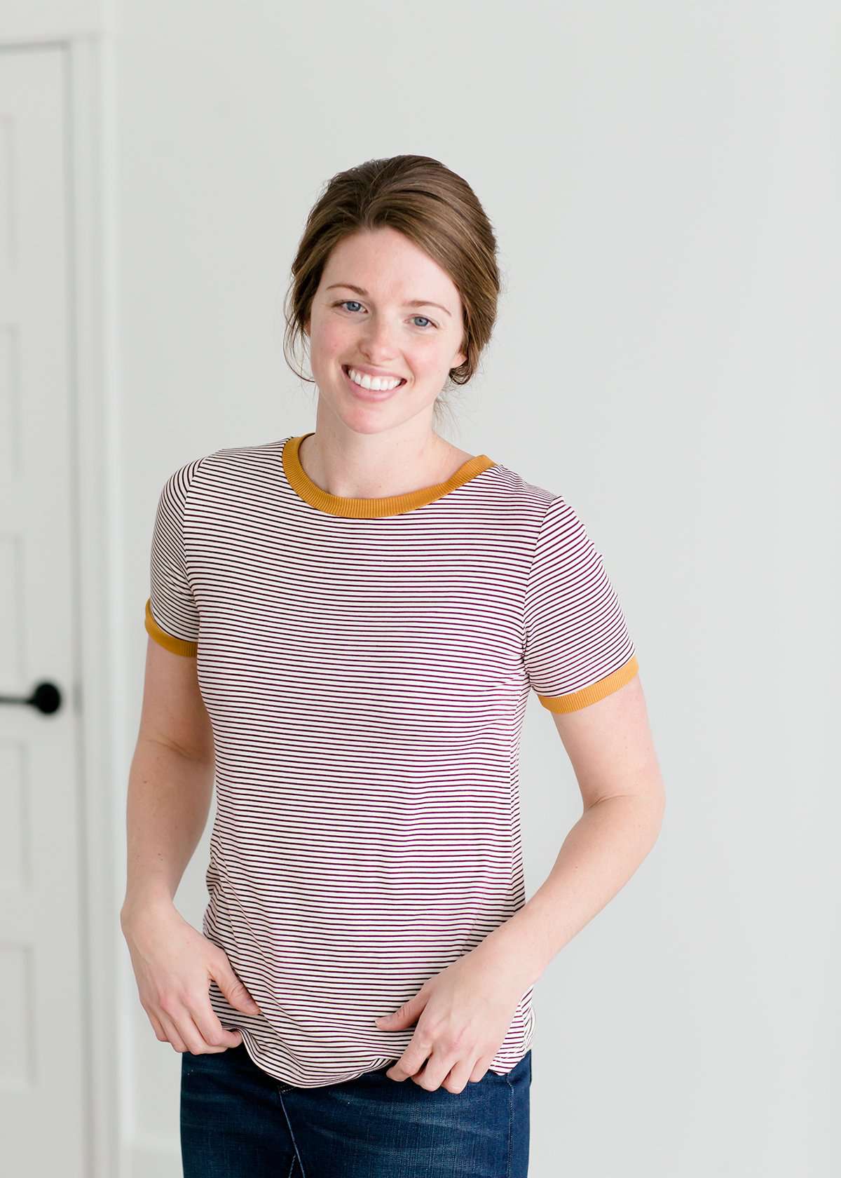 Burgandy, cream and mustard short sleeve striped tee