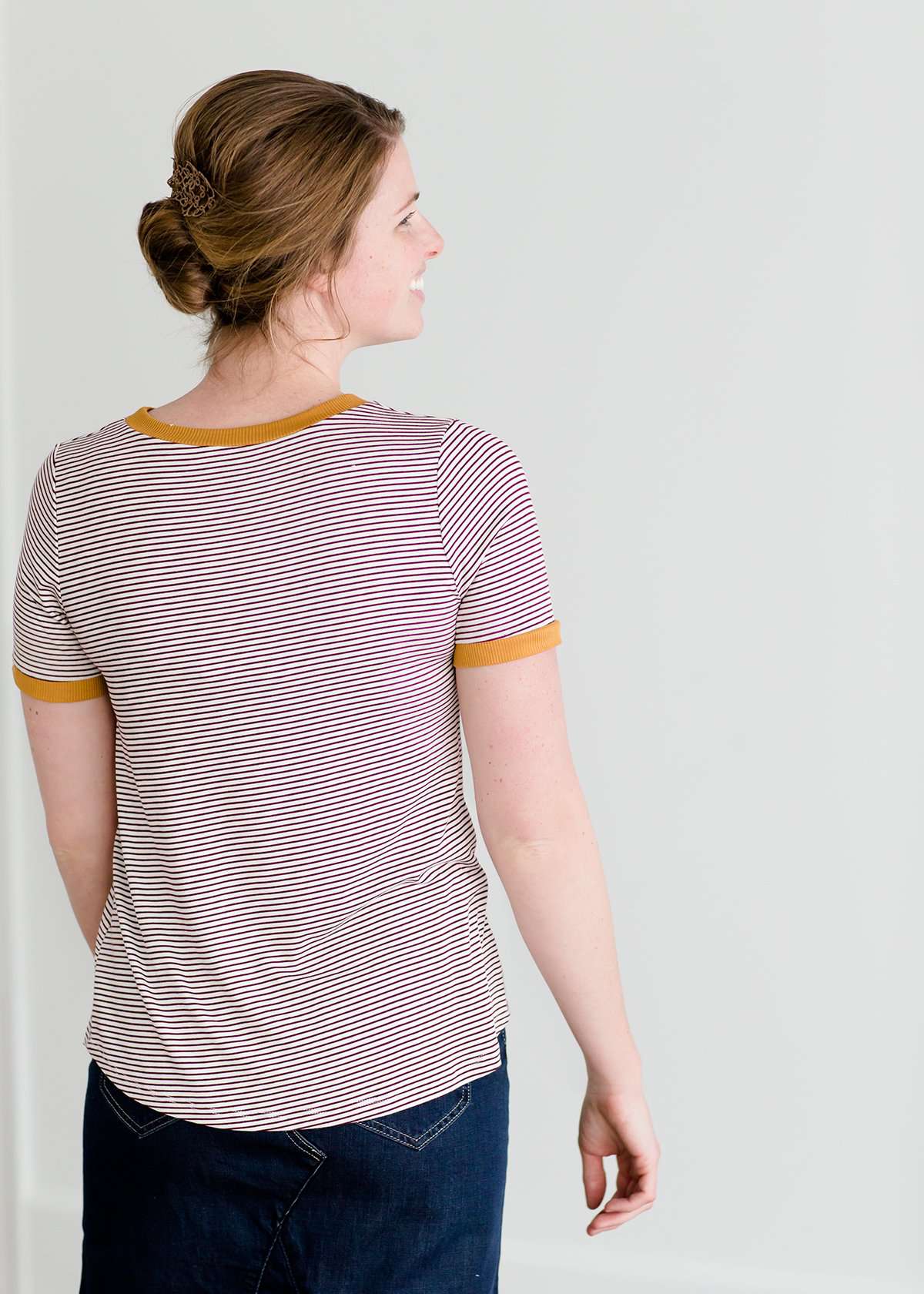 Burgandy, cream and mustard short sleeve striped tee