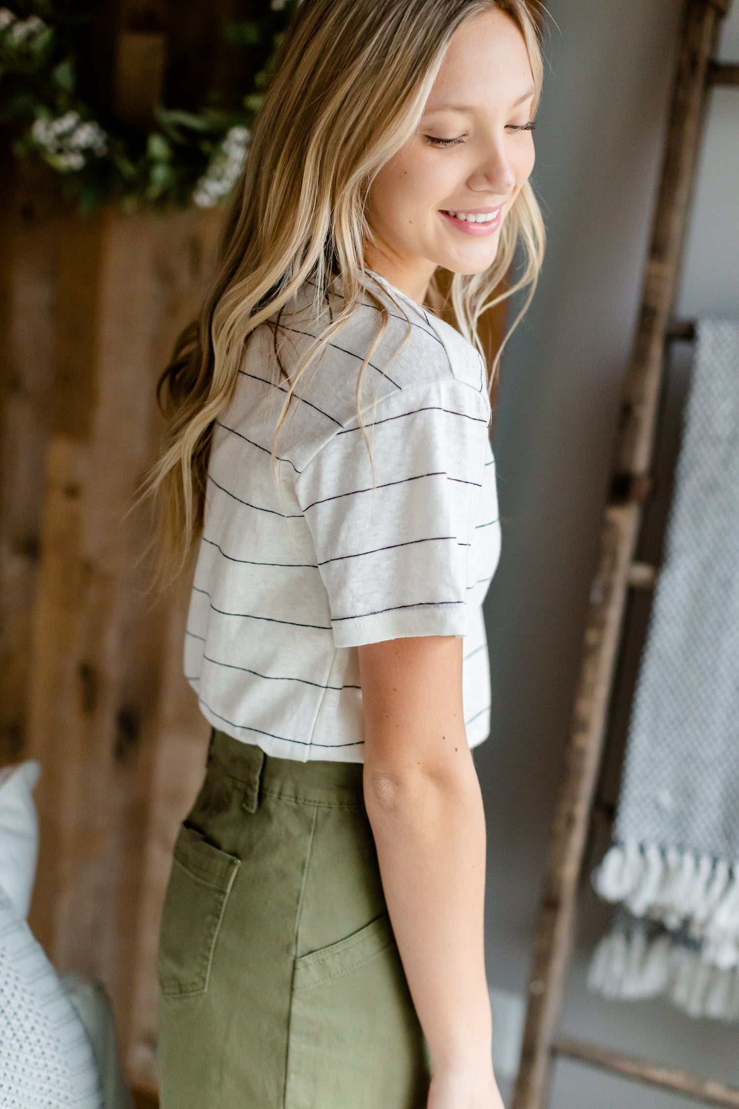 Basic Ivory Striped Short Sleeve Top Tops