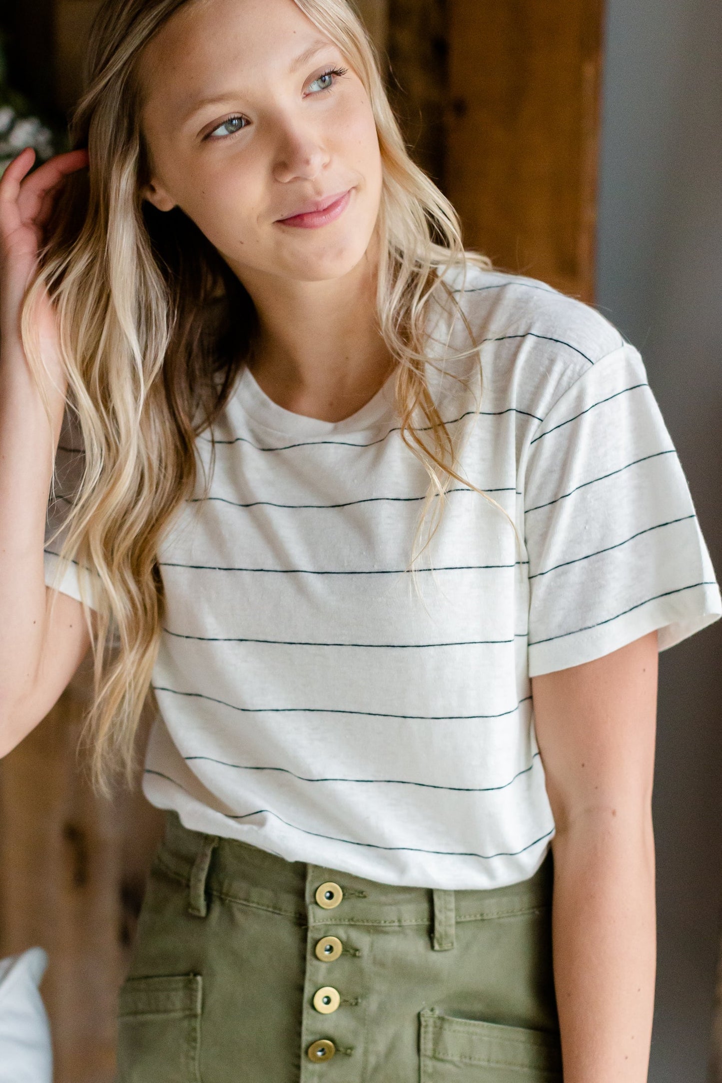 Basic Ivory Striped Short Sleeve Top Tops