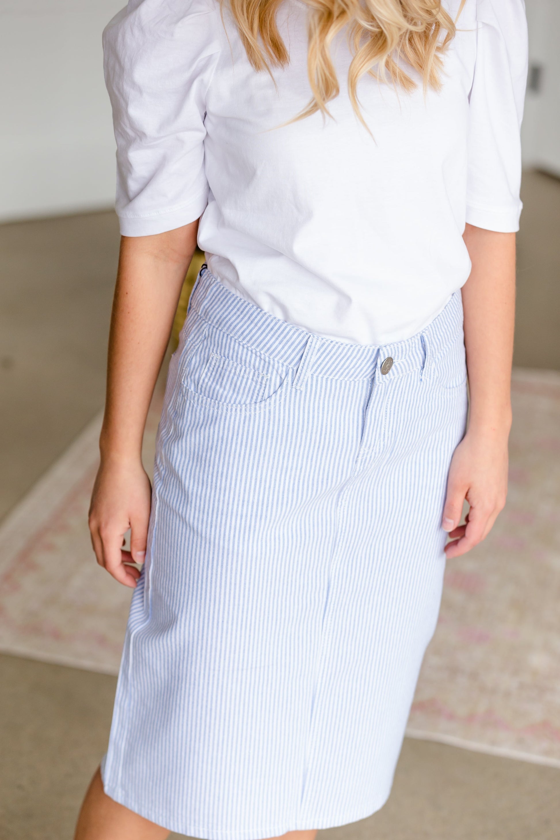 Bay Seersucker Light Blue Striped Midi Skirt - FINAL SALE Skirts