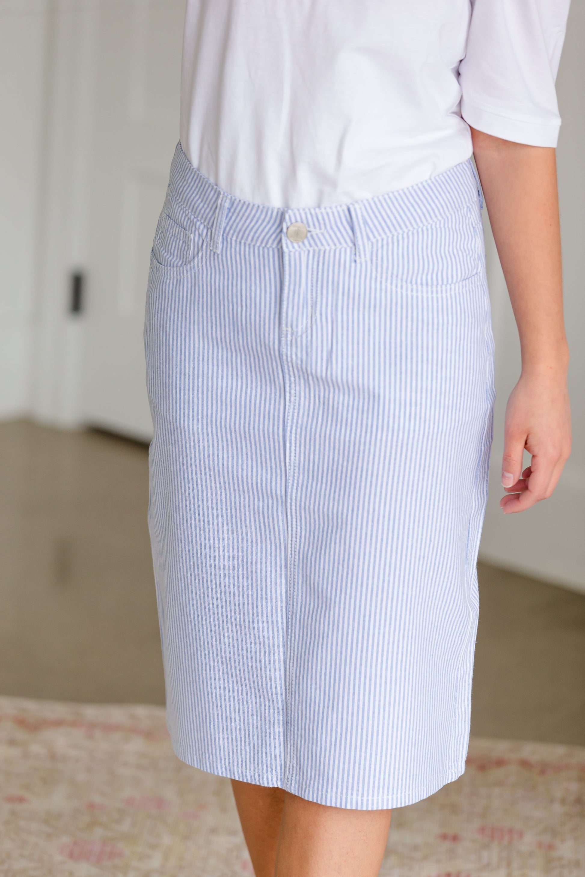 Bay Seersucker Light Blue Striped Midi Skirt - FINAL SALE Skirts