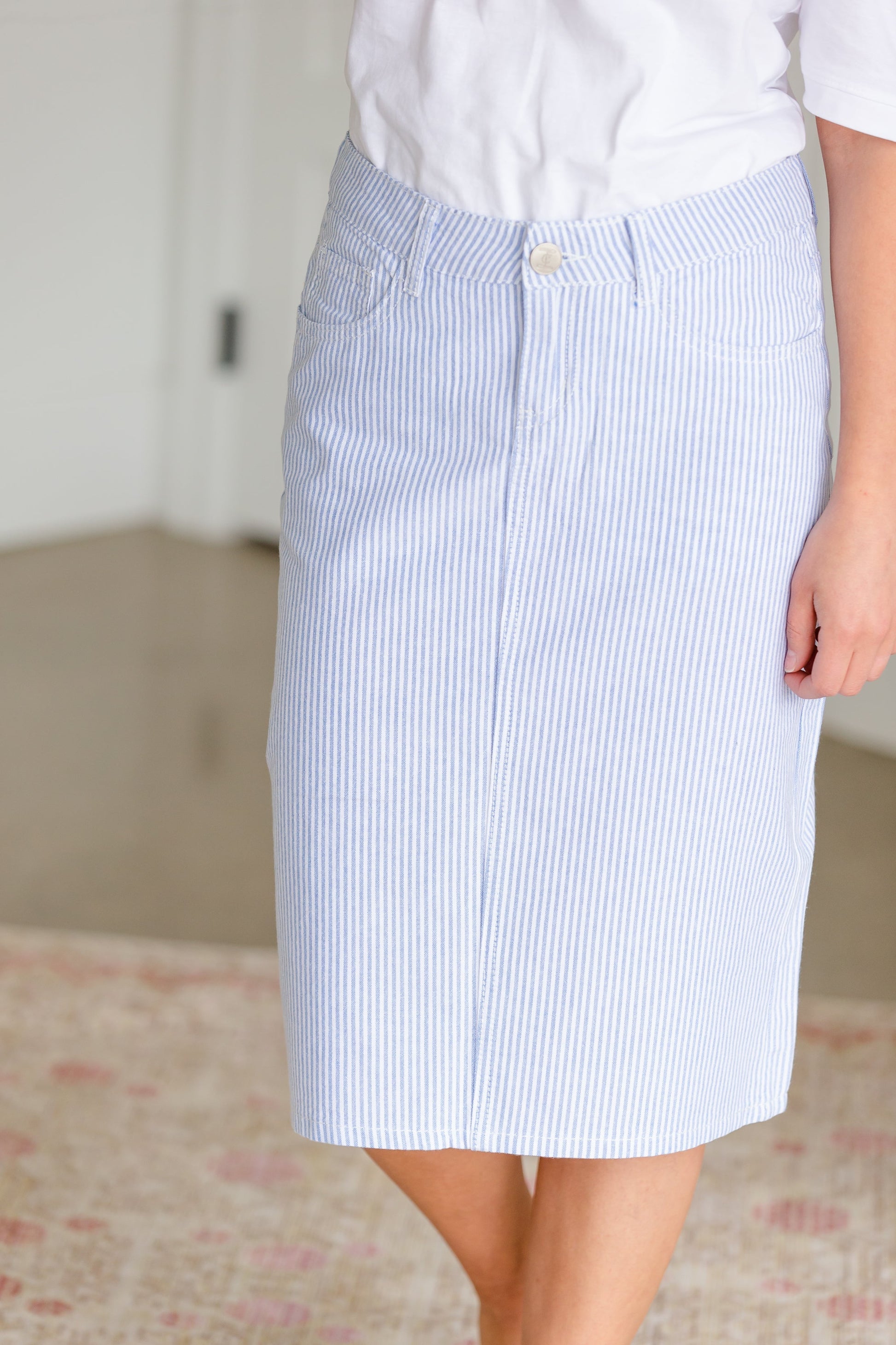 Bay Seersucker Light Blue Striped Midi Skirt - FINAL SALE Skirts