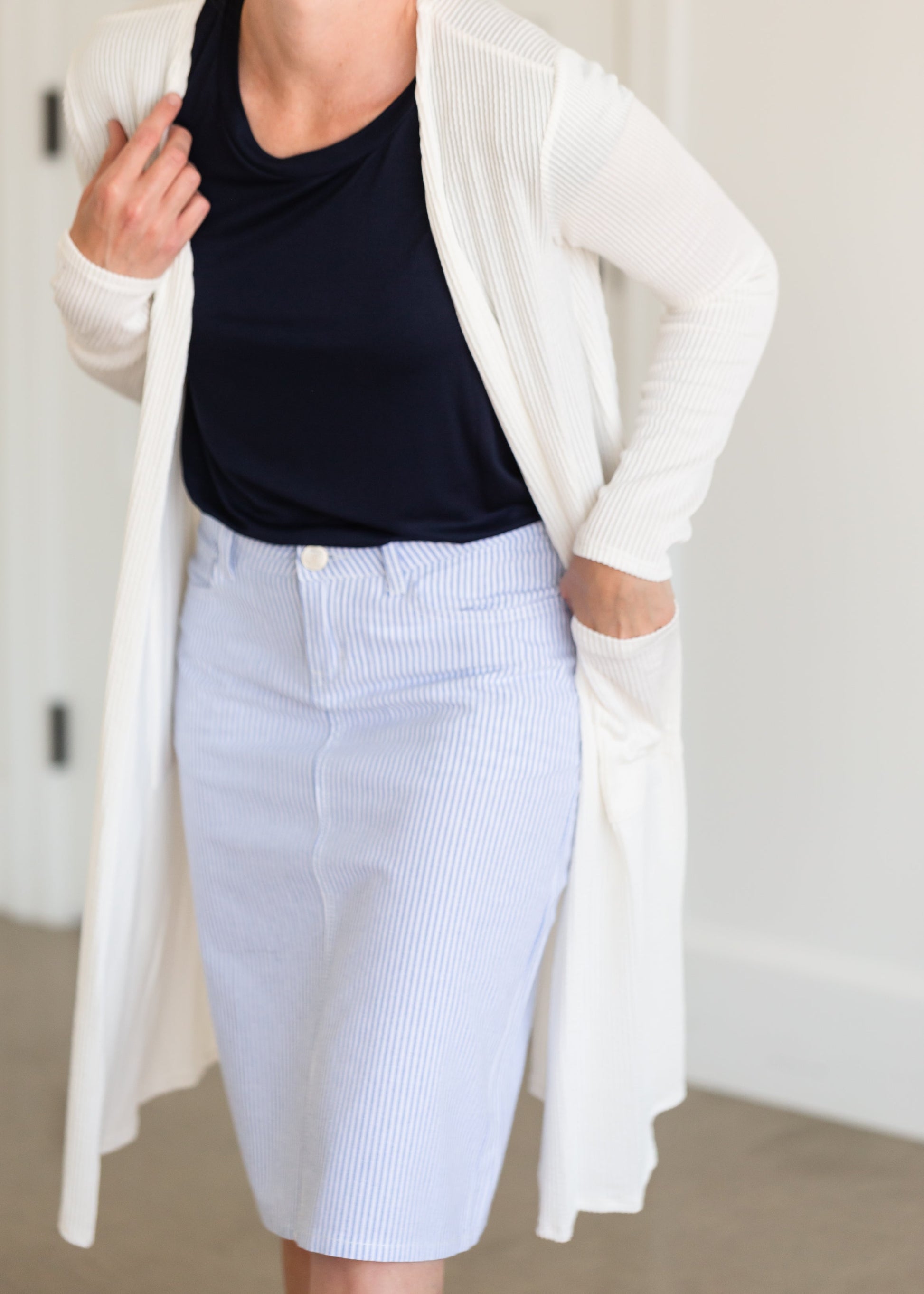 Bay Seersucker Light Blue Striped Midi Skirt - FINAL SALE Skirts