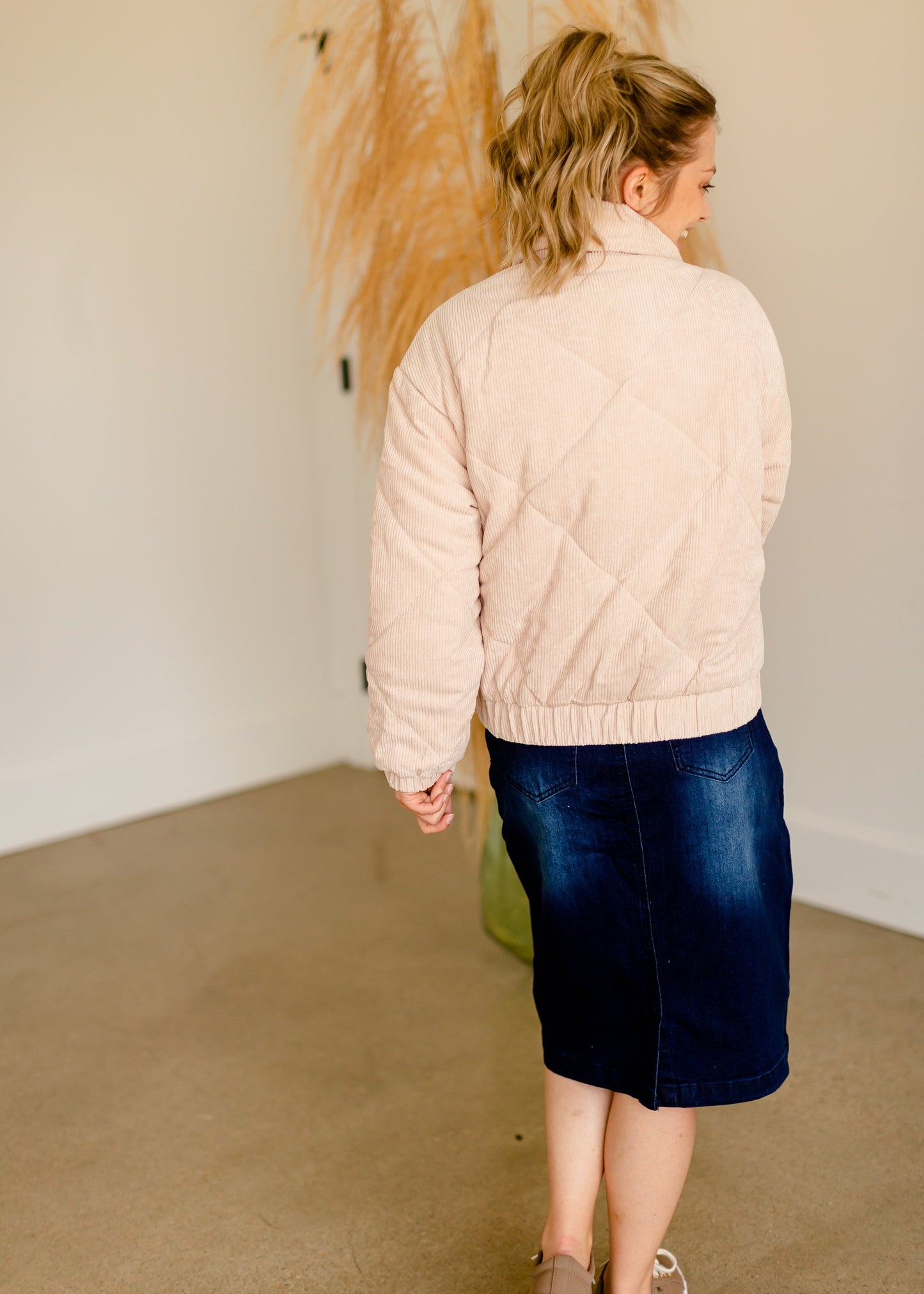 Beige Corduroy Quilted Bomber Jacket Tops LUSH