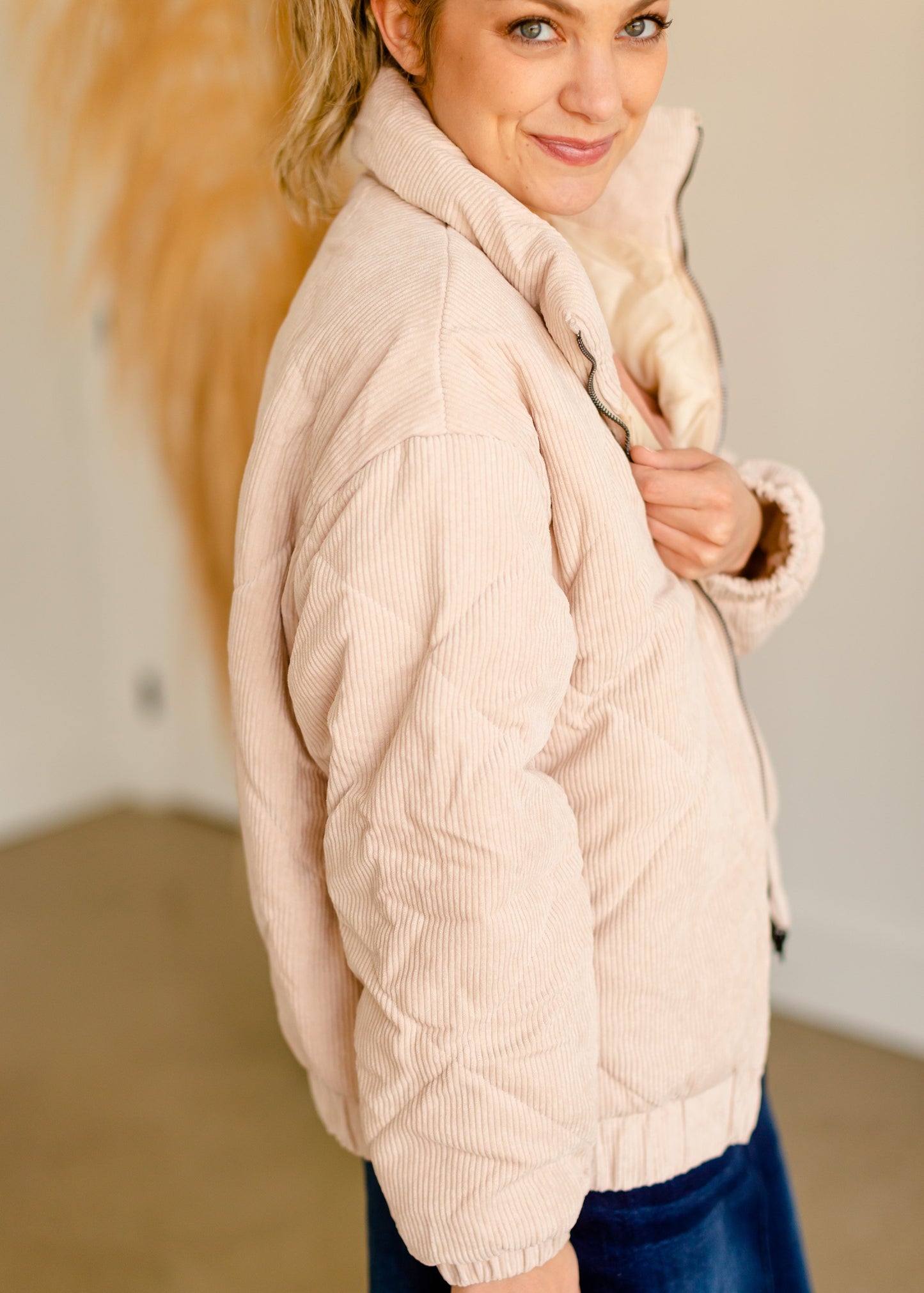 Beige Corduroy Quilted Bomber Jacket Tops LUSH