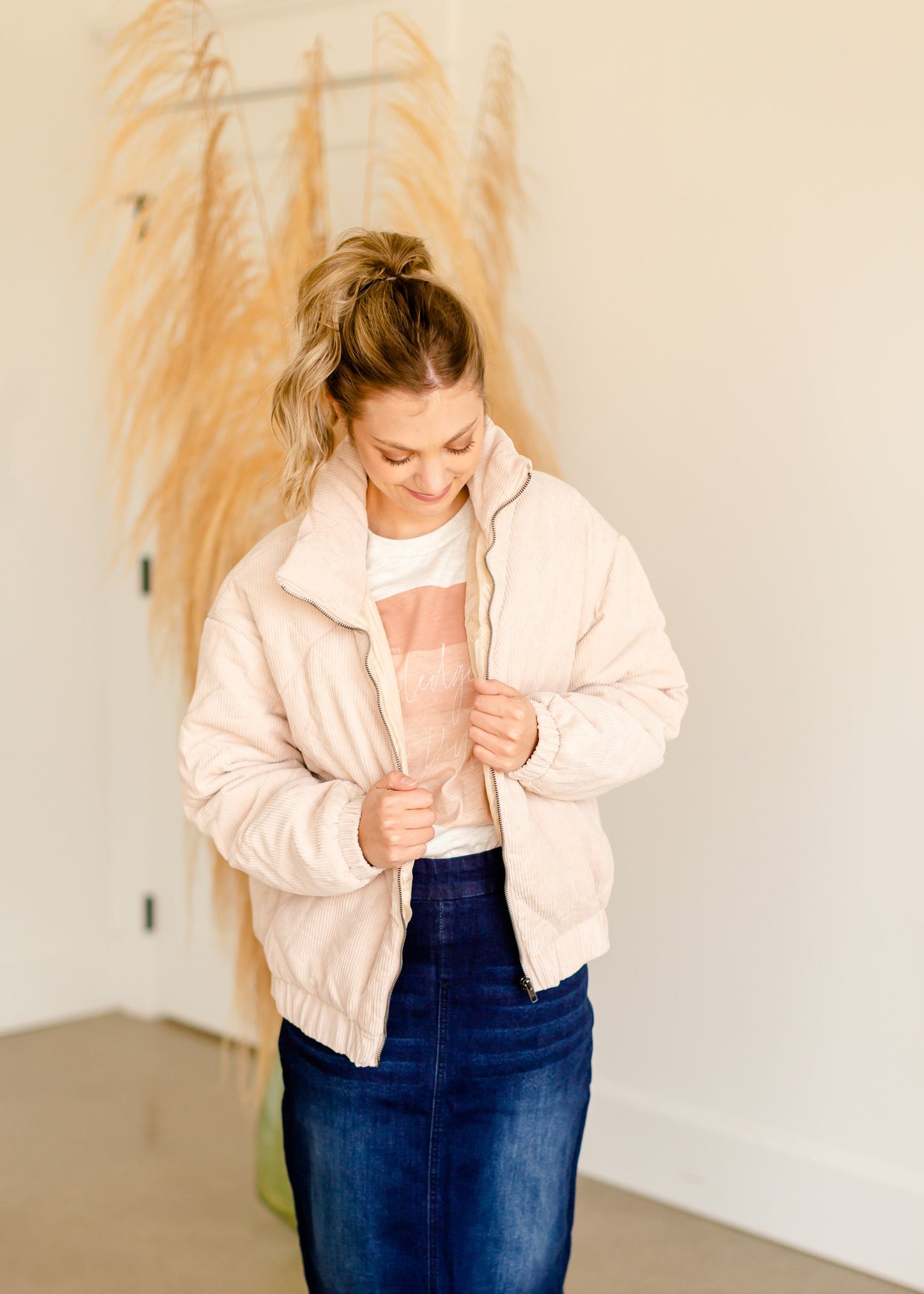 Beige Corduroy Quilted Bomber Jacket Tops LUSH