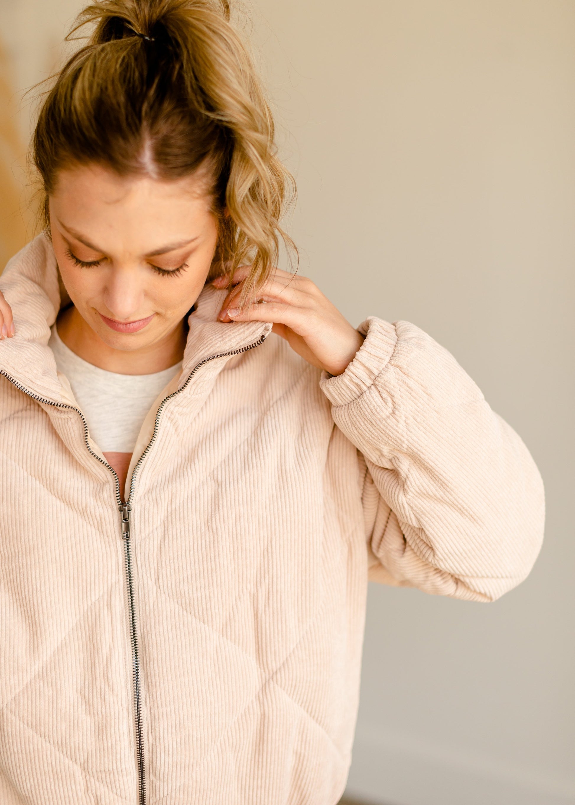 Beige Corduroy Quilted Bomber Jacket Tops LUSH