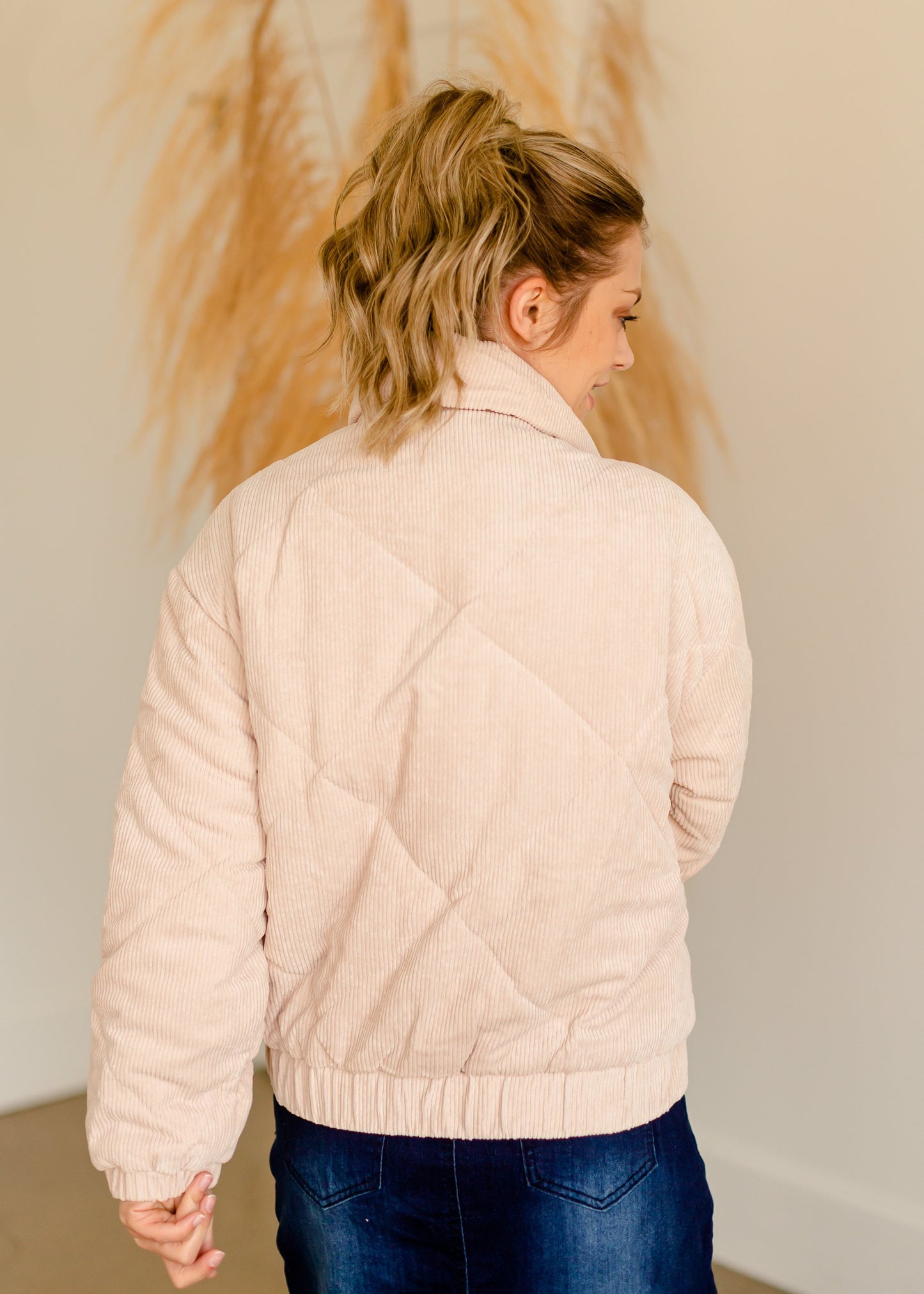 Beige Corduroy Quilted Bomber Jacket Tops LUSH