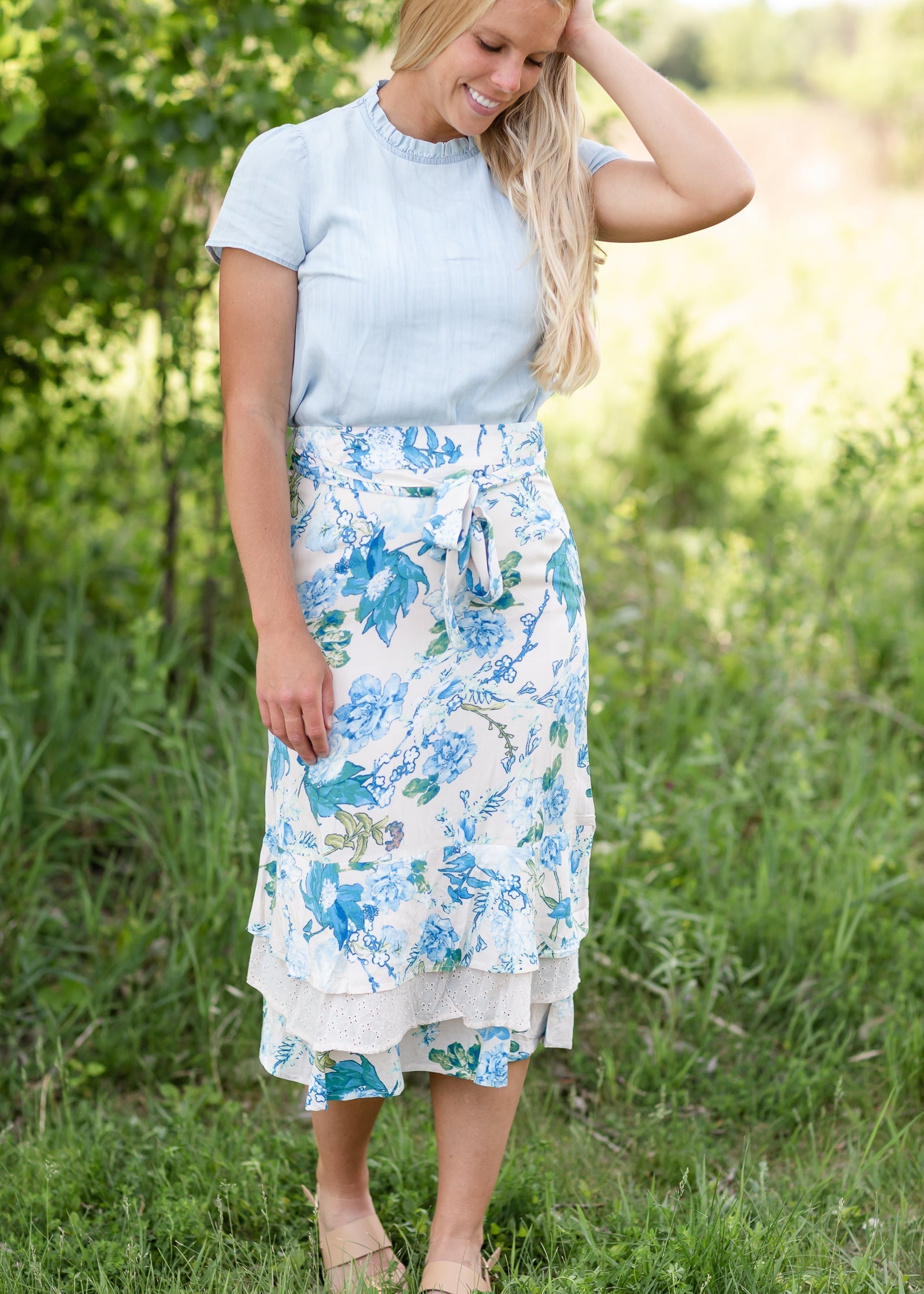 Beige Layered Ruffle Floral Midi Skirt - FINAL SALE Skirts