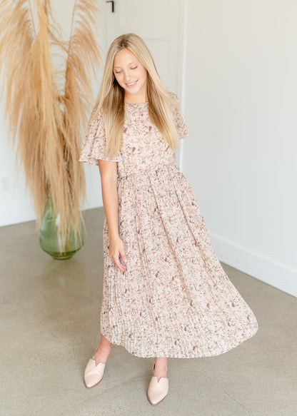Beige Pleated Floral Midi Dress Dresses Hayden