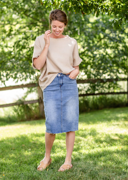 Beige Textured Boat Neck Top - FINAL SALE Tops