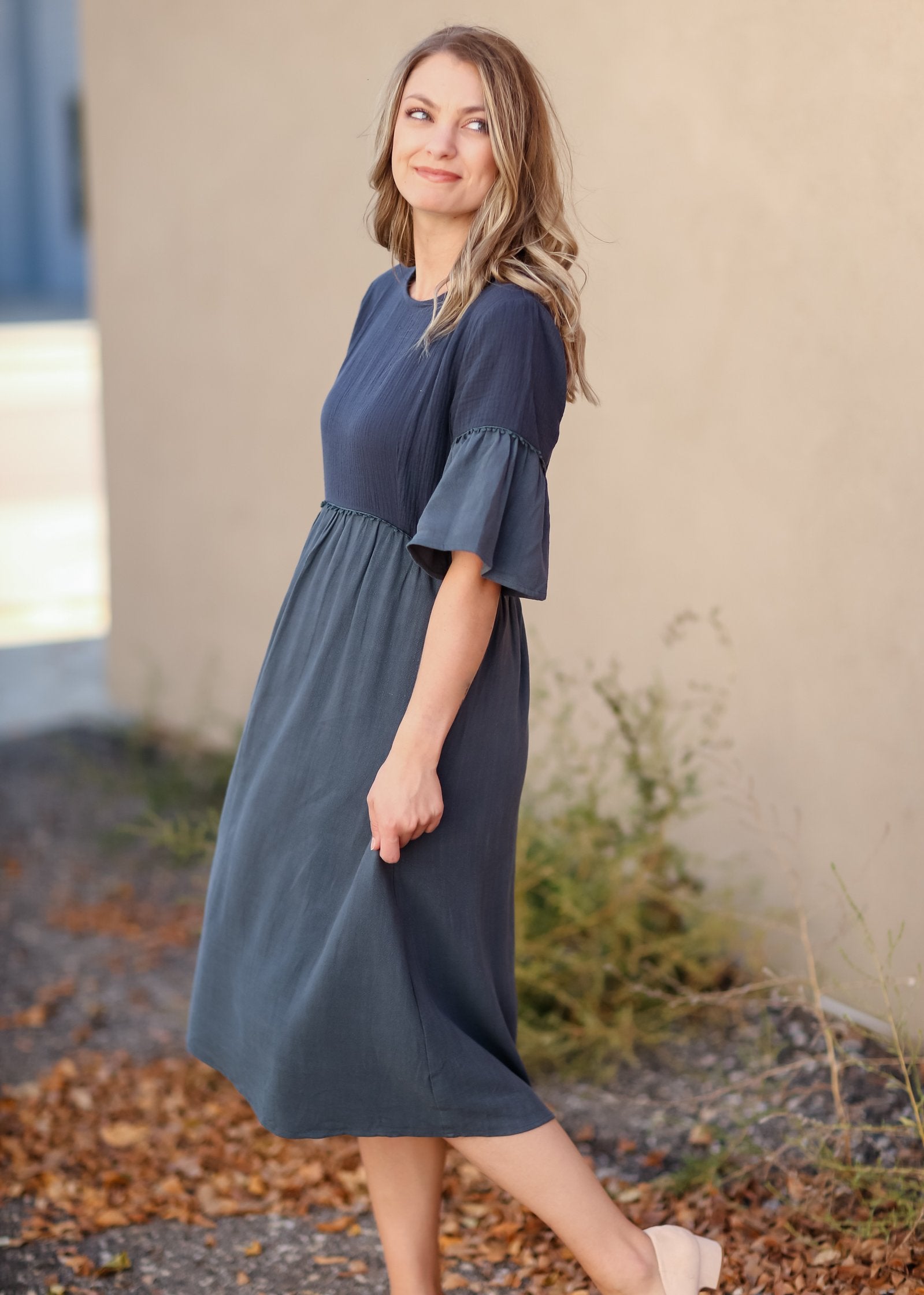 Bell Sleeve Babydoll Thread Detail Trim Midi Dress Dresses Tea N Rose