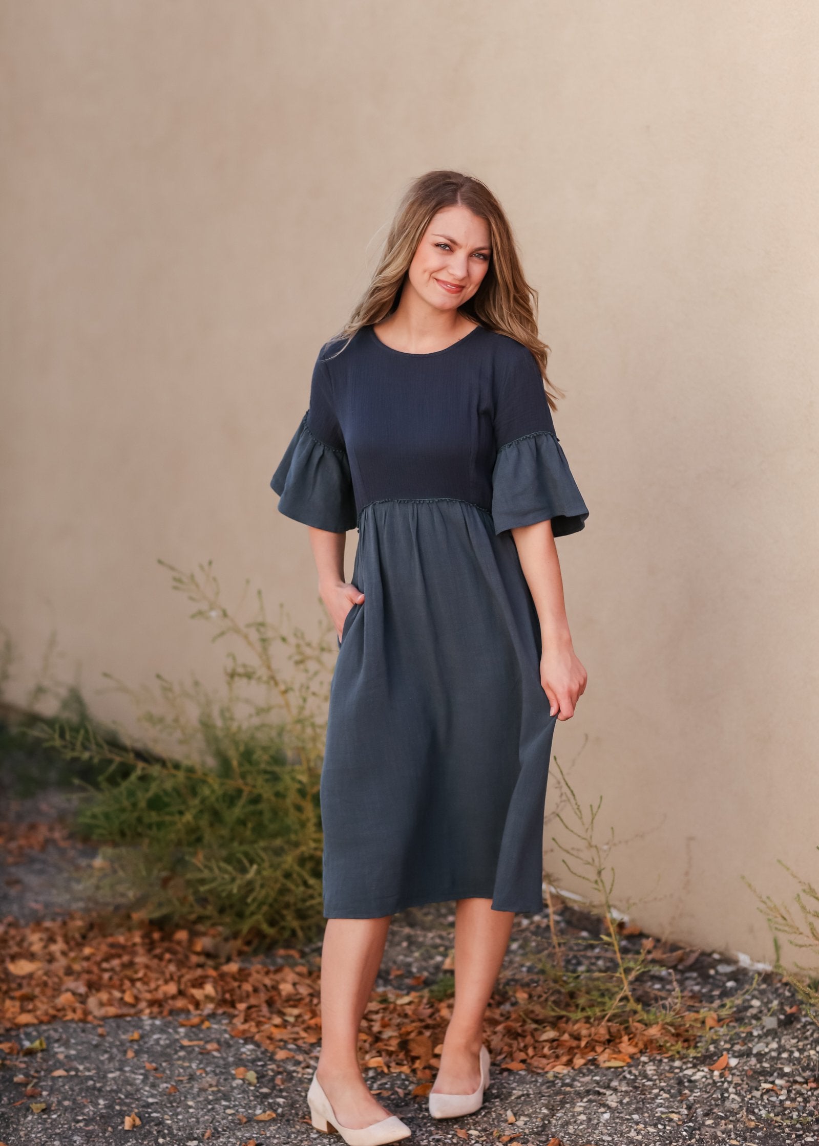 Bell Sleeve Babydoll Thread Detail Trim Midi Dress Dresses Tea N Rose