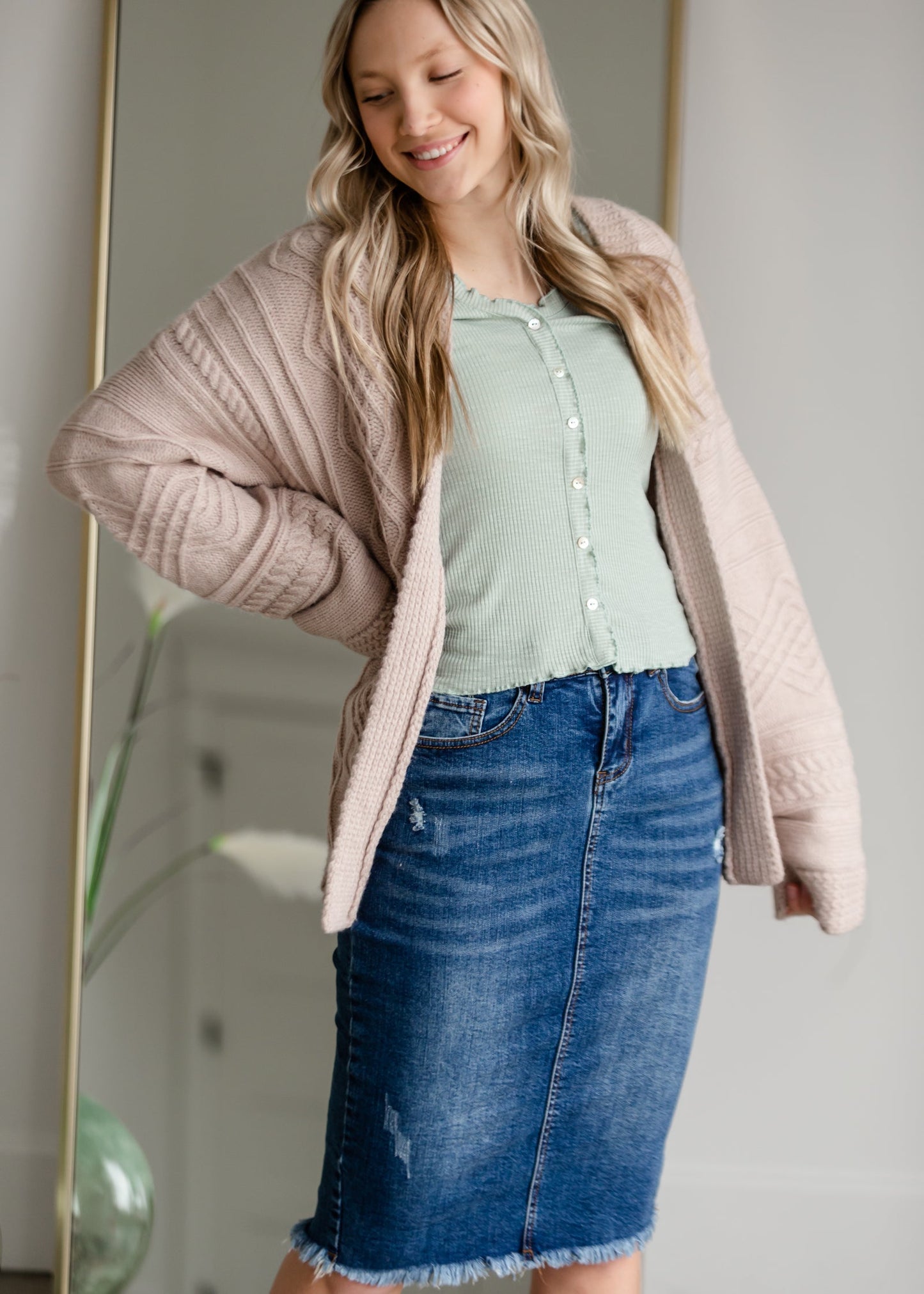 Belted Cable Knit Cardigan Tops Pinch