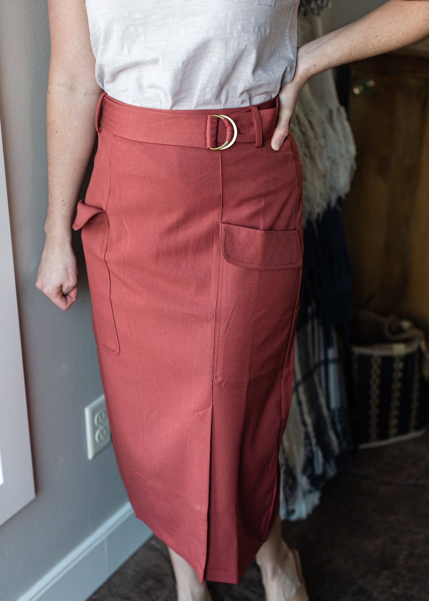 Belted Patch Pocket Midi Skirt - FINAL SALE Skirts Cinnamon / S