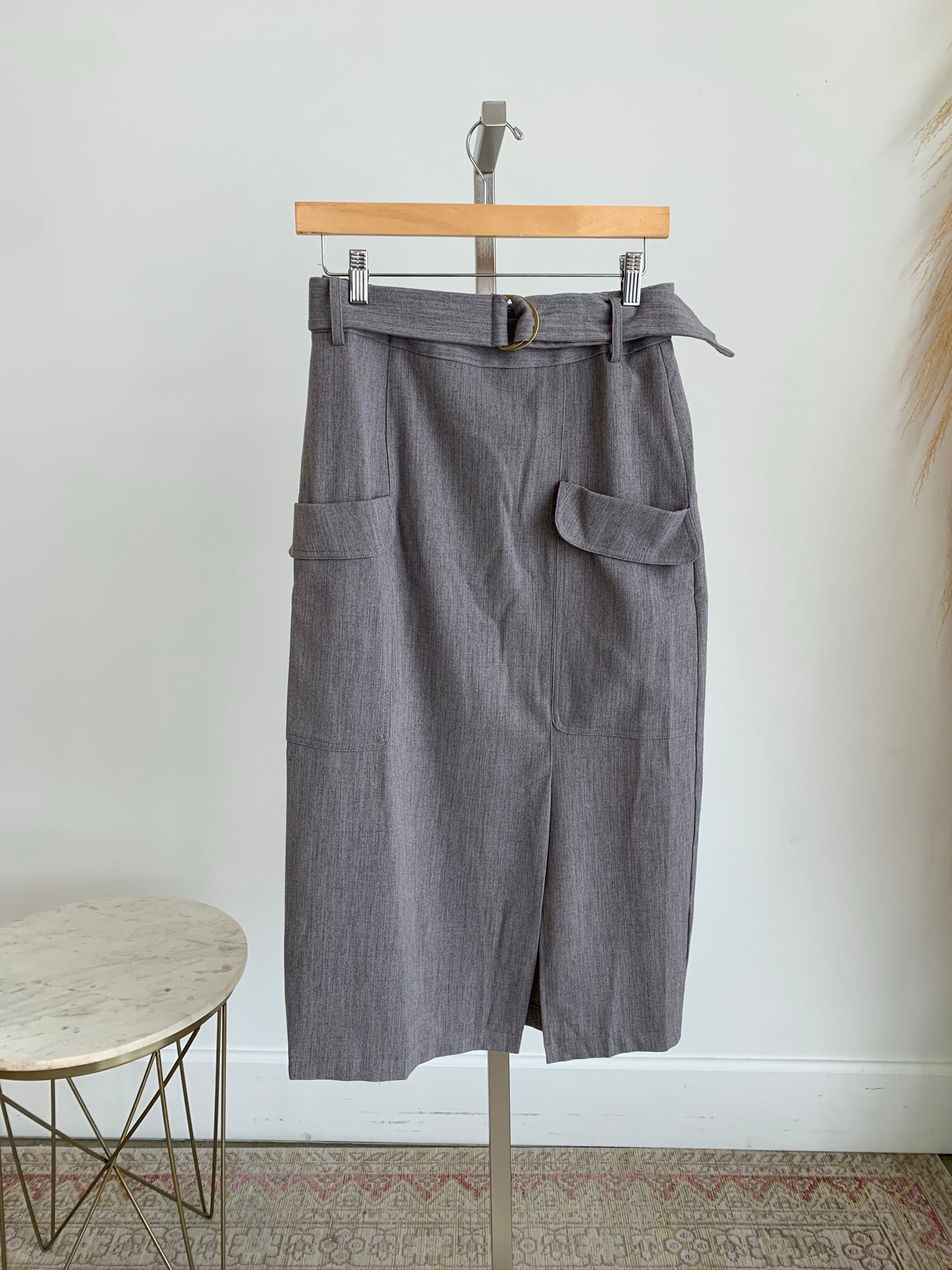 Belted Patch Pocket Midi Skirt - FINAL SALE Skirts Gray / S