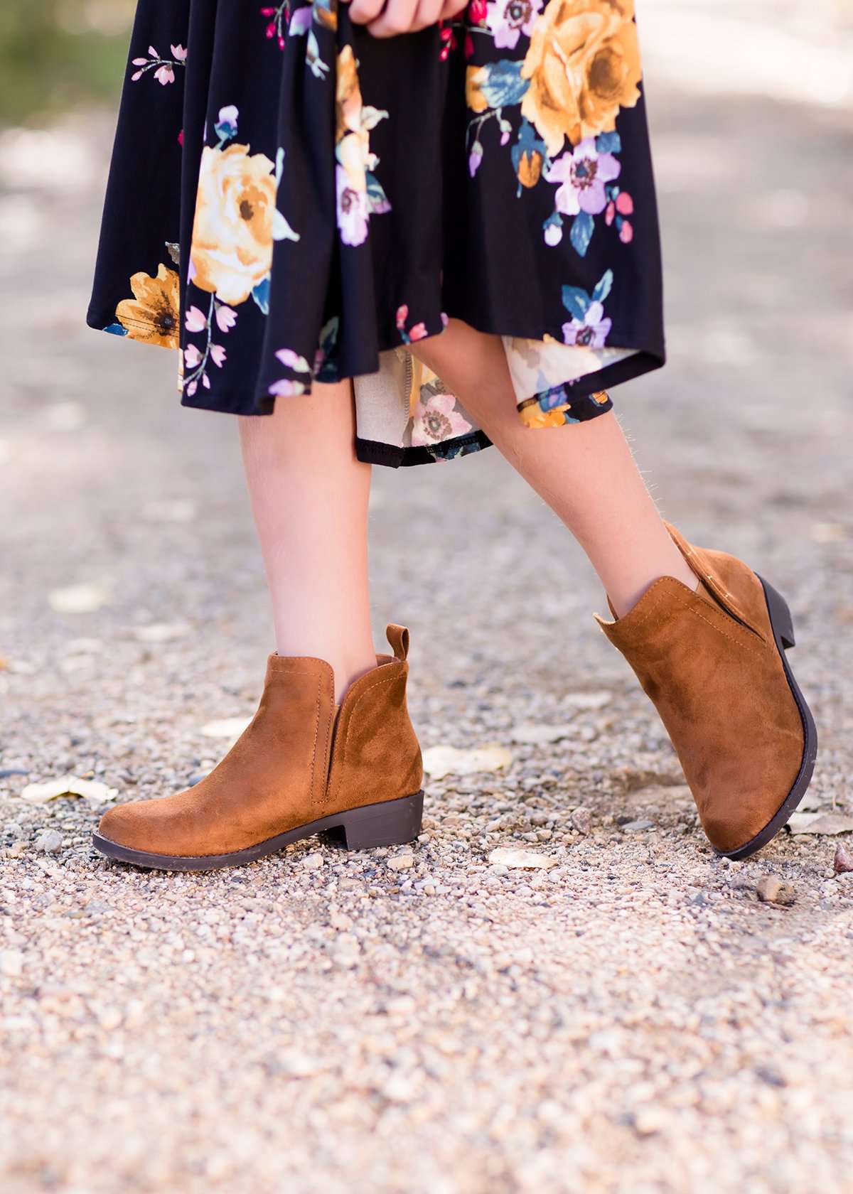 Girls Hazel suede-like slip on ankle boot with 3/4" heel.