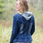 Denim front-zip jacket with removable gray front liner and hood.