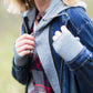 Denim front-zip jacket with removable gray front liner and hood.