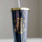 Navy tumbler with gold polka dots that says best sister ever.
