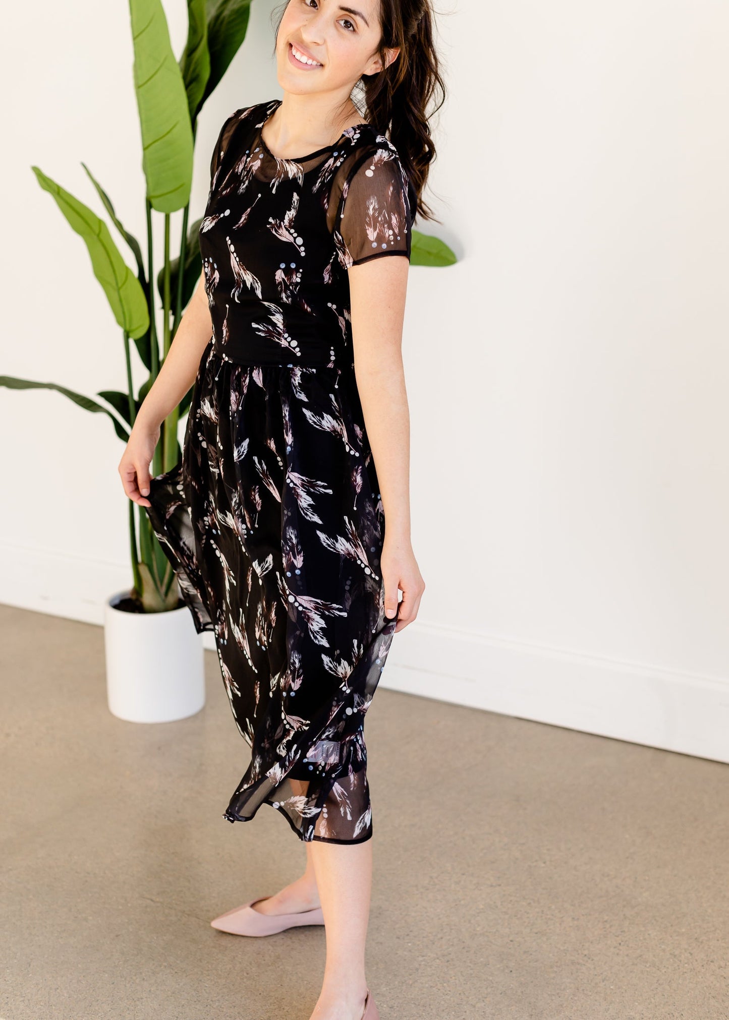 Besy Feather Print Overlay Midi Dress - FINAL SALE Dresses