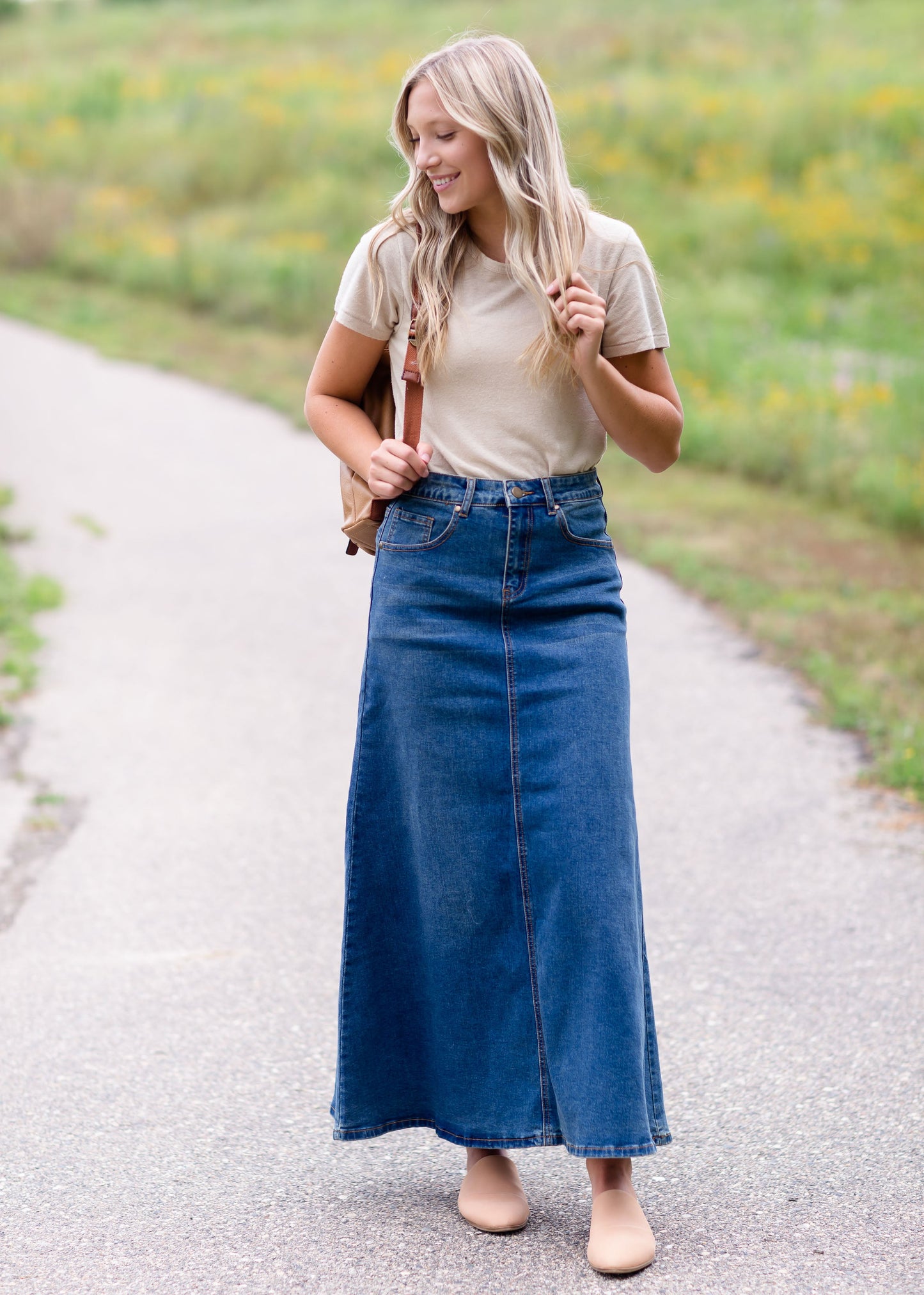 Bethany Medium A-Line Long Denim Skirt Skirts