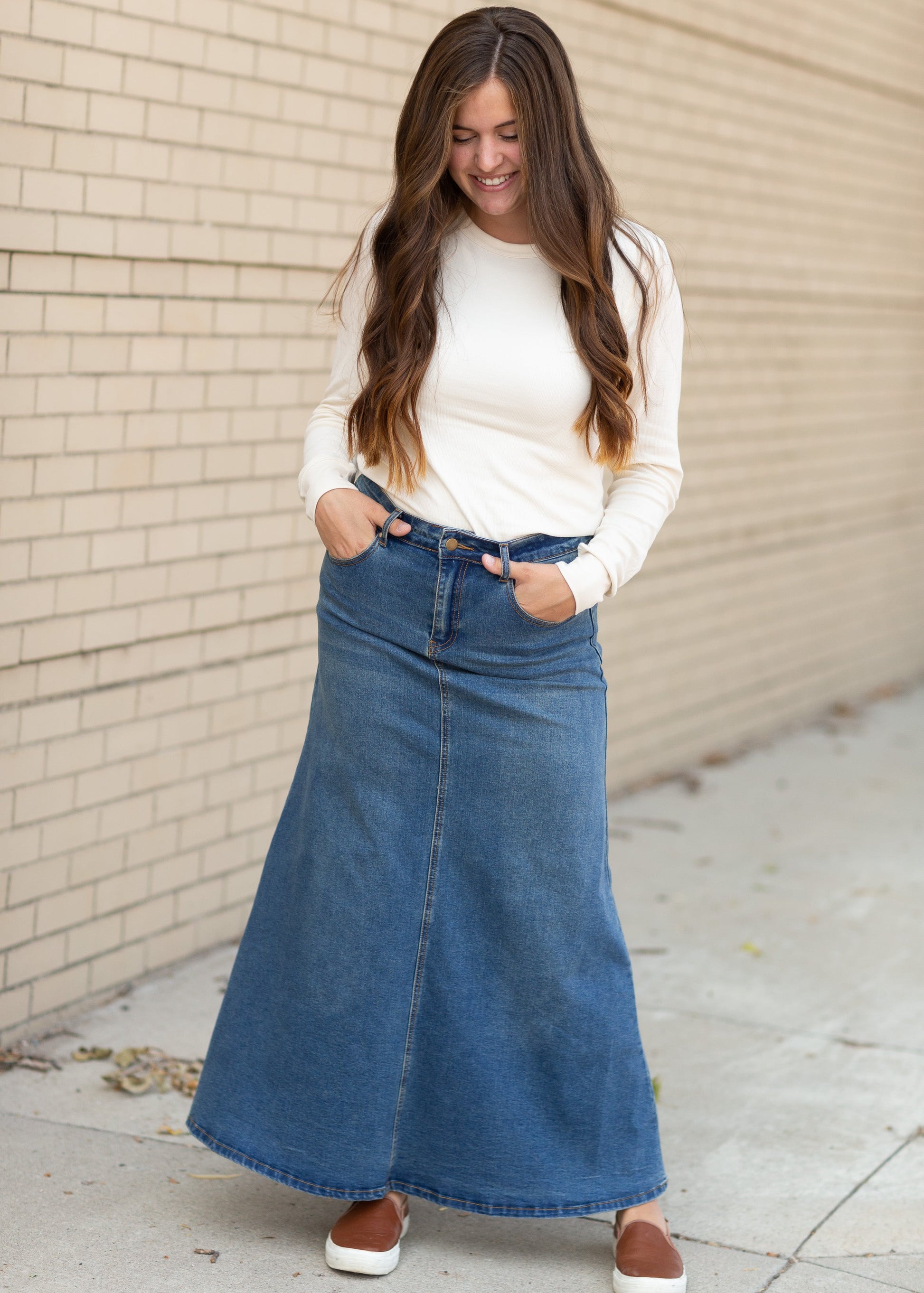 Bethany Medium Wash A-Line Long Denim Skirt - FINAL SALE – Inherit