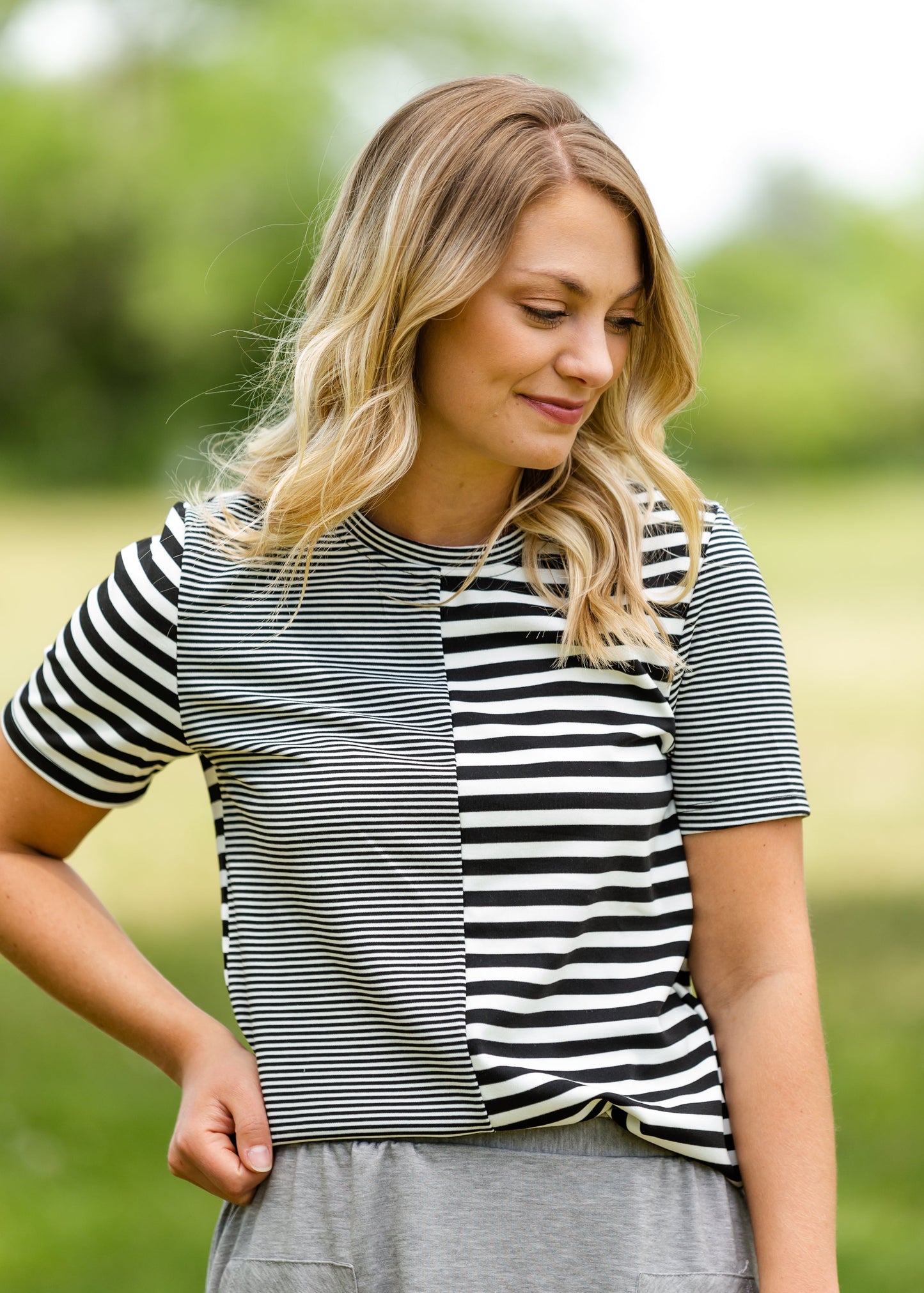 Black and White Mixed Striped Tee Shirt - FINAL SALE Tops