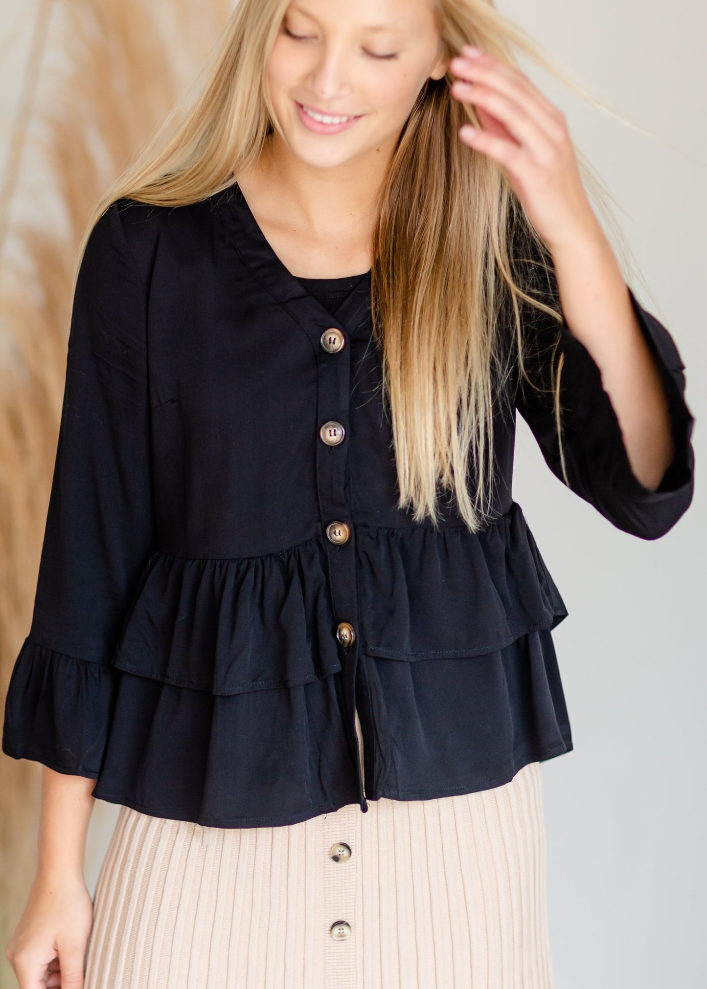 Black Button-Down Tiered Ruffle Hem Top Tops Hayden