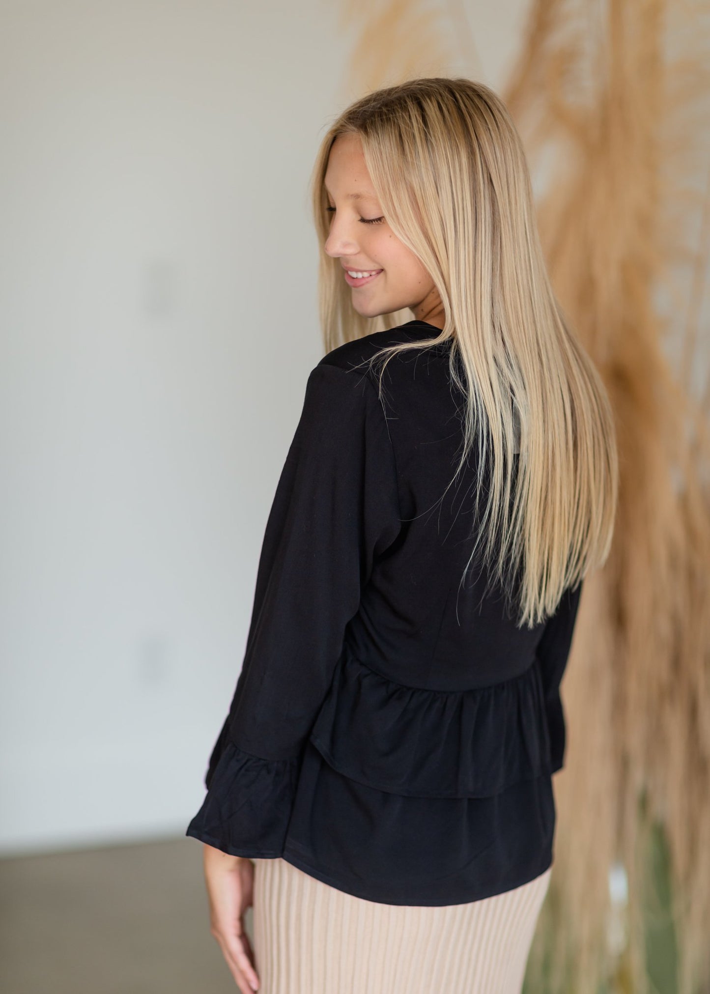 Black Button-Down Tiered Ruffle Hem Top Tops Hayden