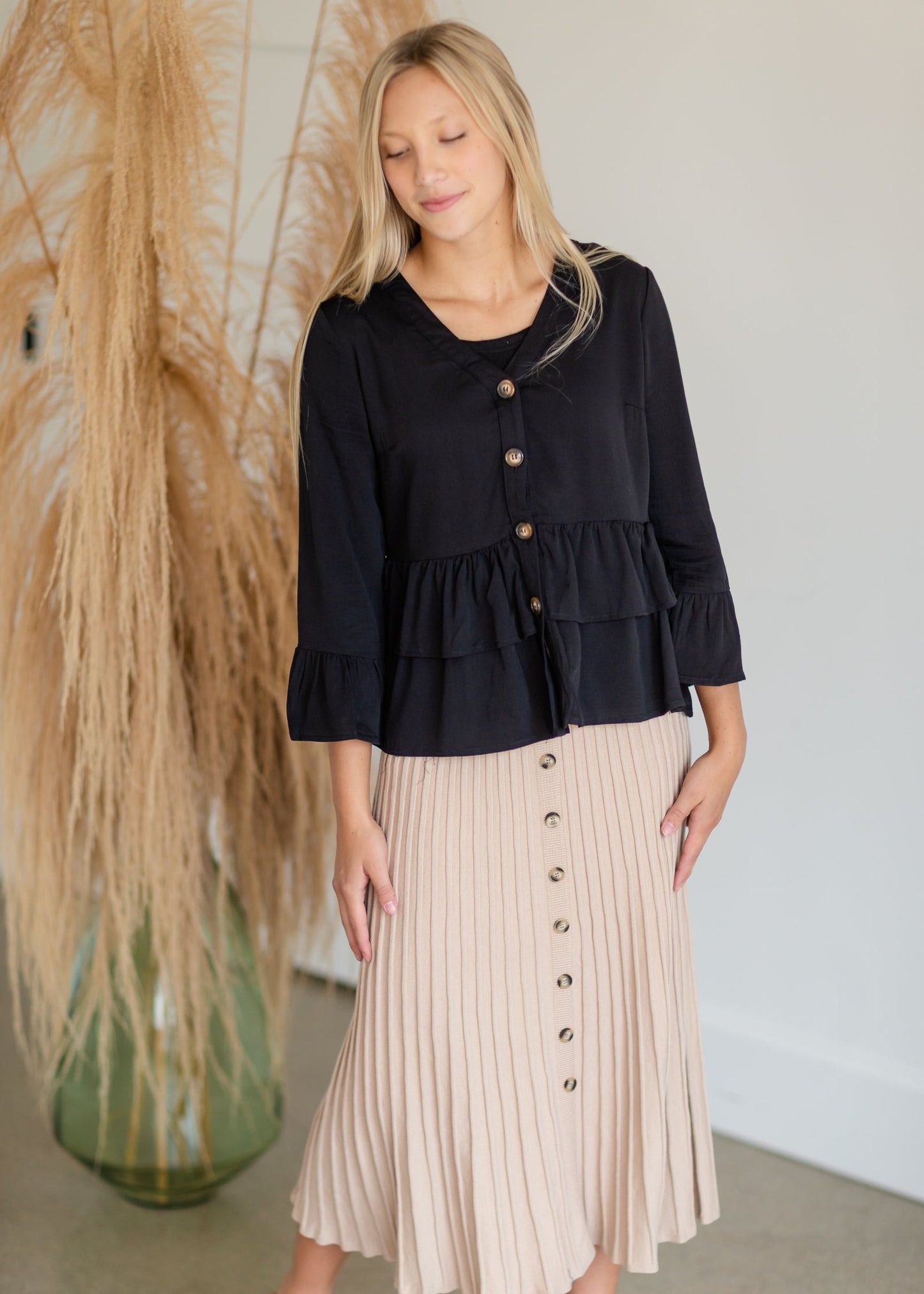 Black Button-Down Tiered Ruffle Hem Top Tops Hayden