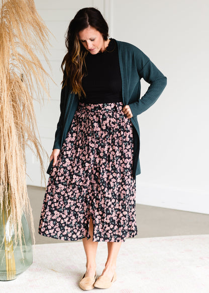 Black Button Up Blush Floral Midi Skirt - FINAL SALE Skirts
