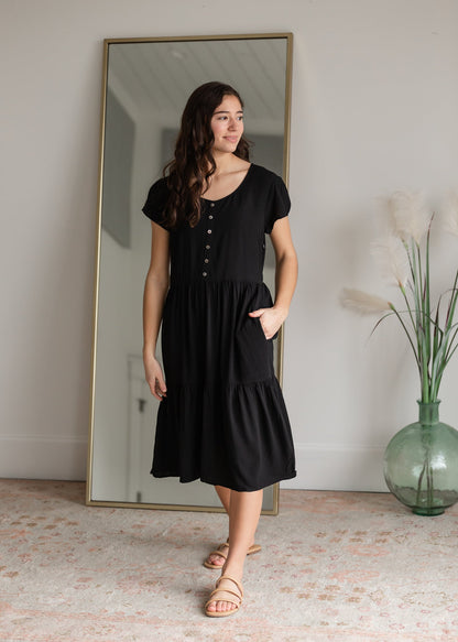 Black Button Up Tiered Midi Dress Dresses Tea N Rose