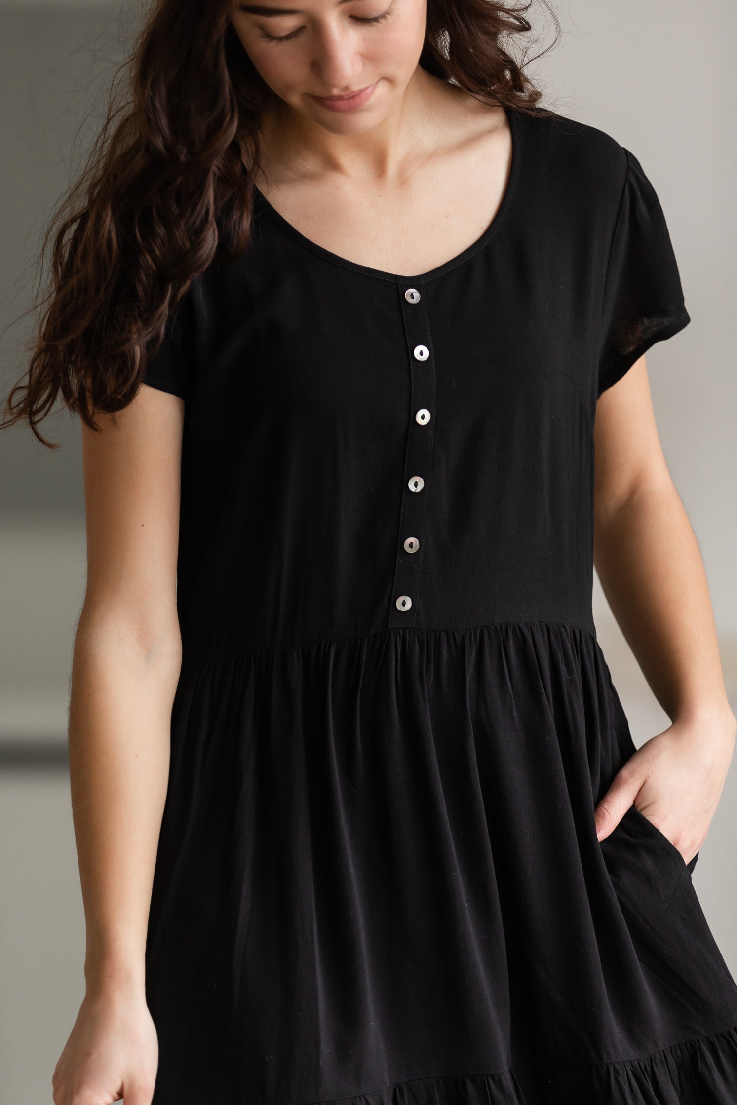 Black Button Up Tiered Midi Dress Dresses Tea N Rose