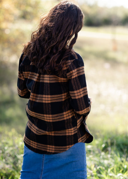 Black + Camel Plaid Pocket Button Front Shacket Tops Thread & Supply